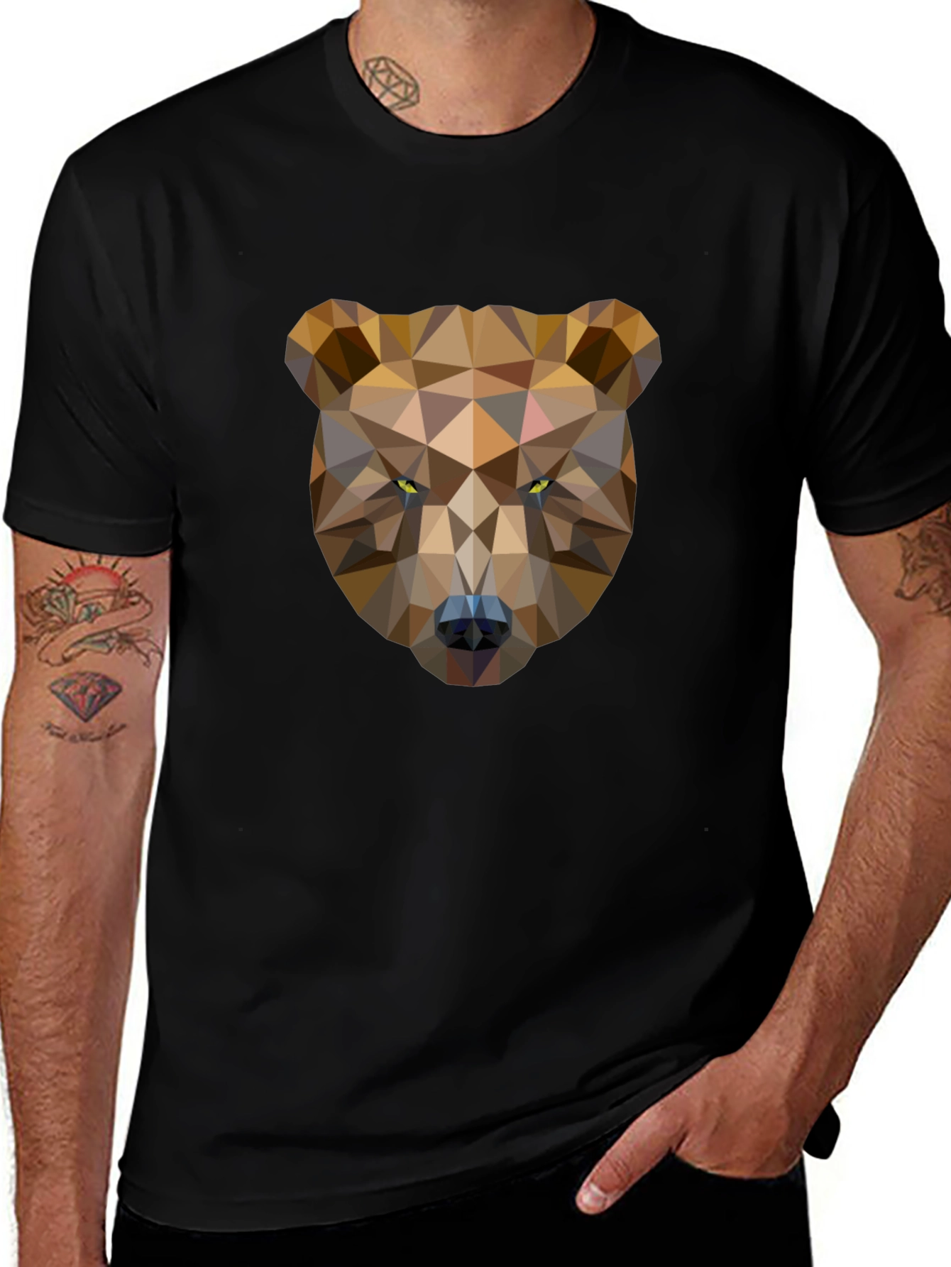 Black Geometric Bear Graphic Tee - Black Cotton T-Shirt main image