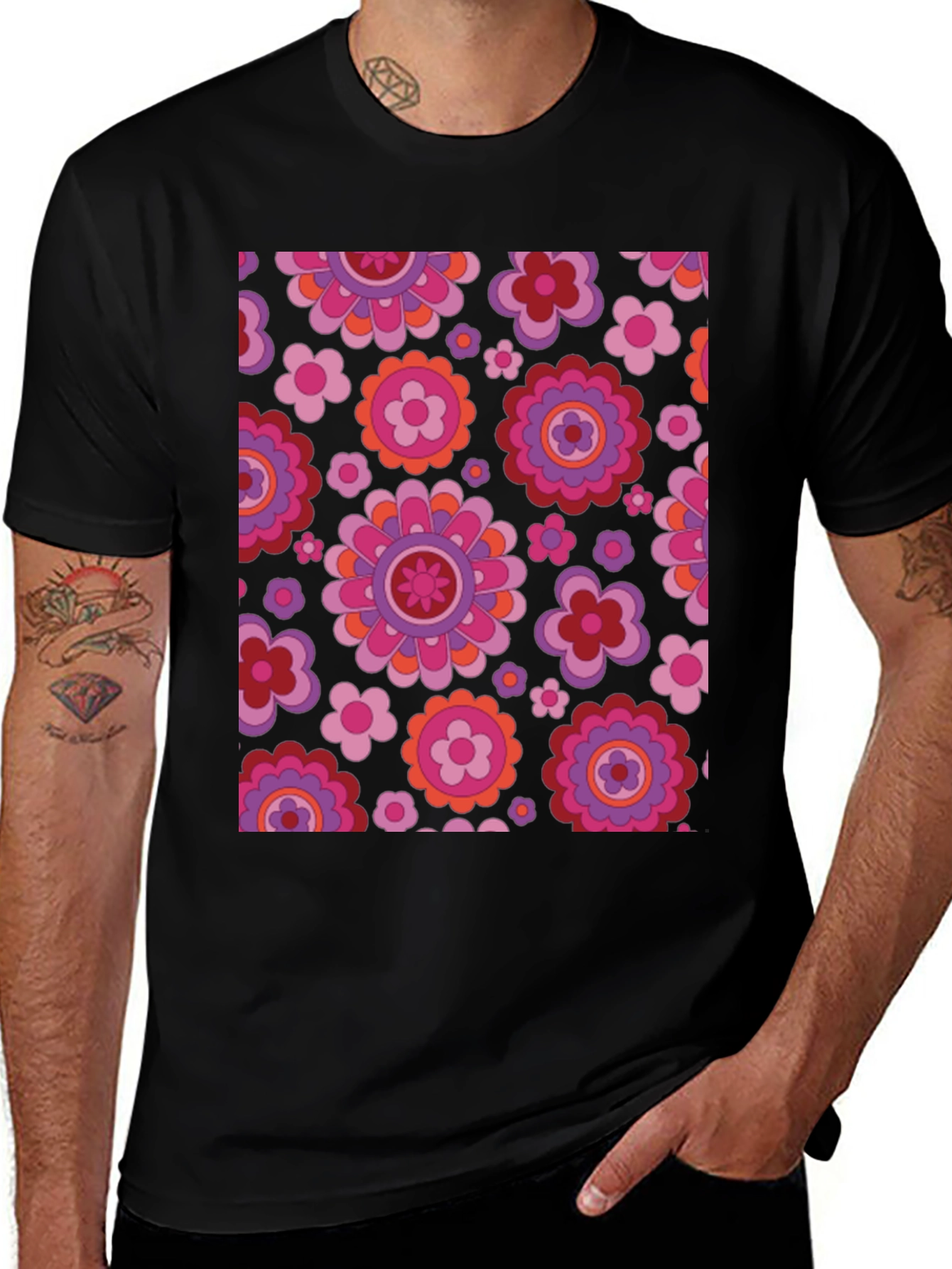 Variant 12 of Retro Floral Print Black T-Shirt