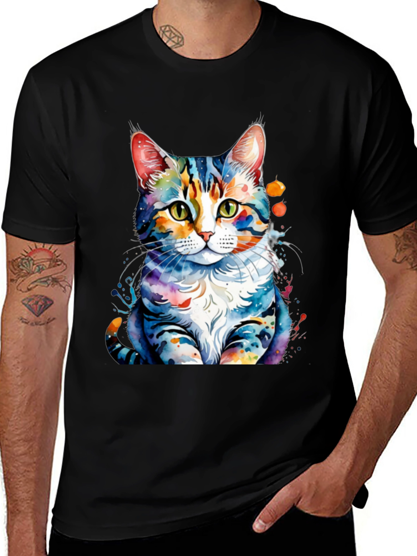 Variant 8 of Watercolor Cat Graphic Tee - Men's Black T-Shirt