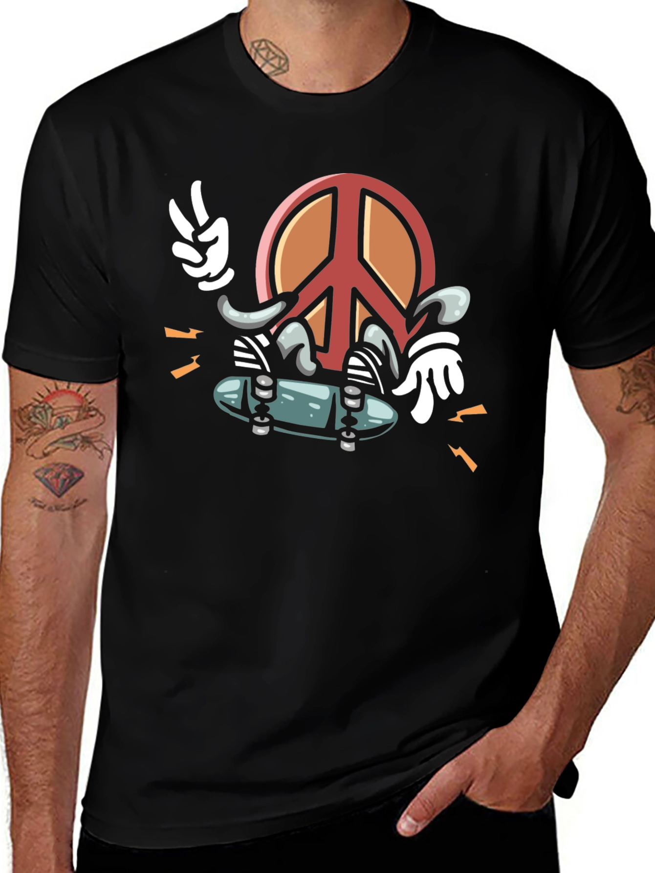 Variant 22 of Cool Peace Sign Skateboarder Graphic Black T-Shirt