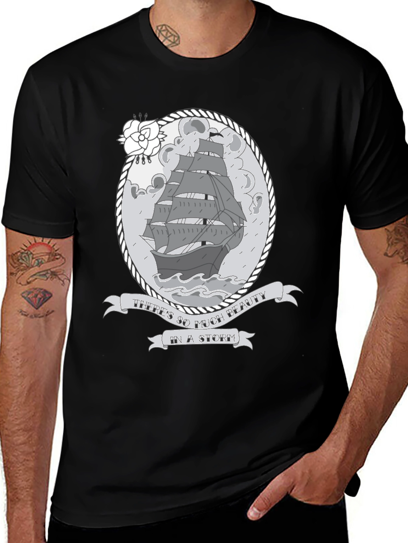 Nautical Ship Storm Graphic T-Shirt - Black