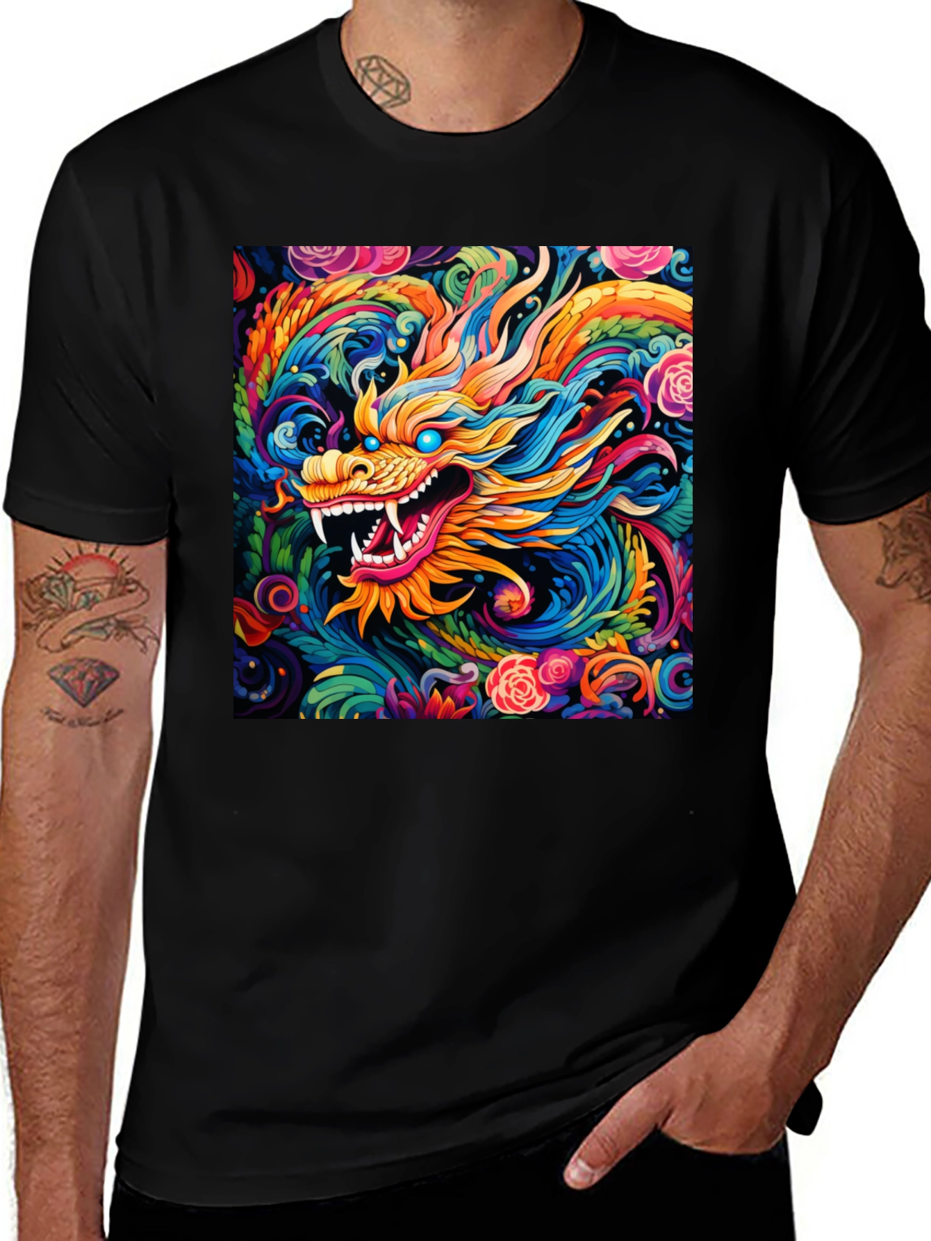 Variant 4 of Vibrant Dragon Graphic Print Black T-Shirt