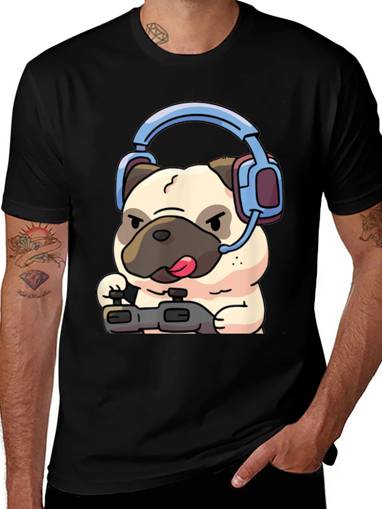 Variant 17 of Gamer Pug T-Shirt - Black Cotton Tee with Playful Dog Design