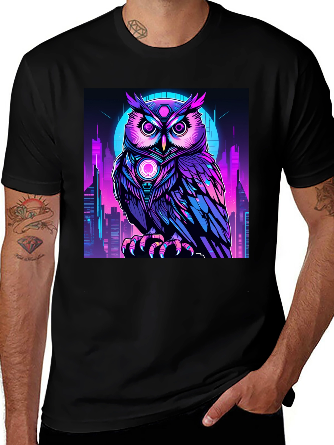 Variant 2 of Cyberpunk Owl T-Shirt: Neon City Nocturnal Design