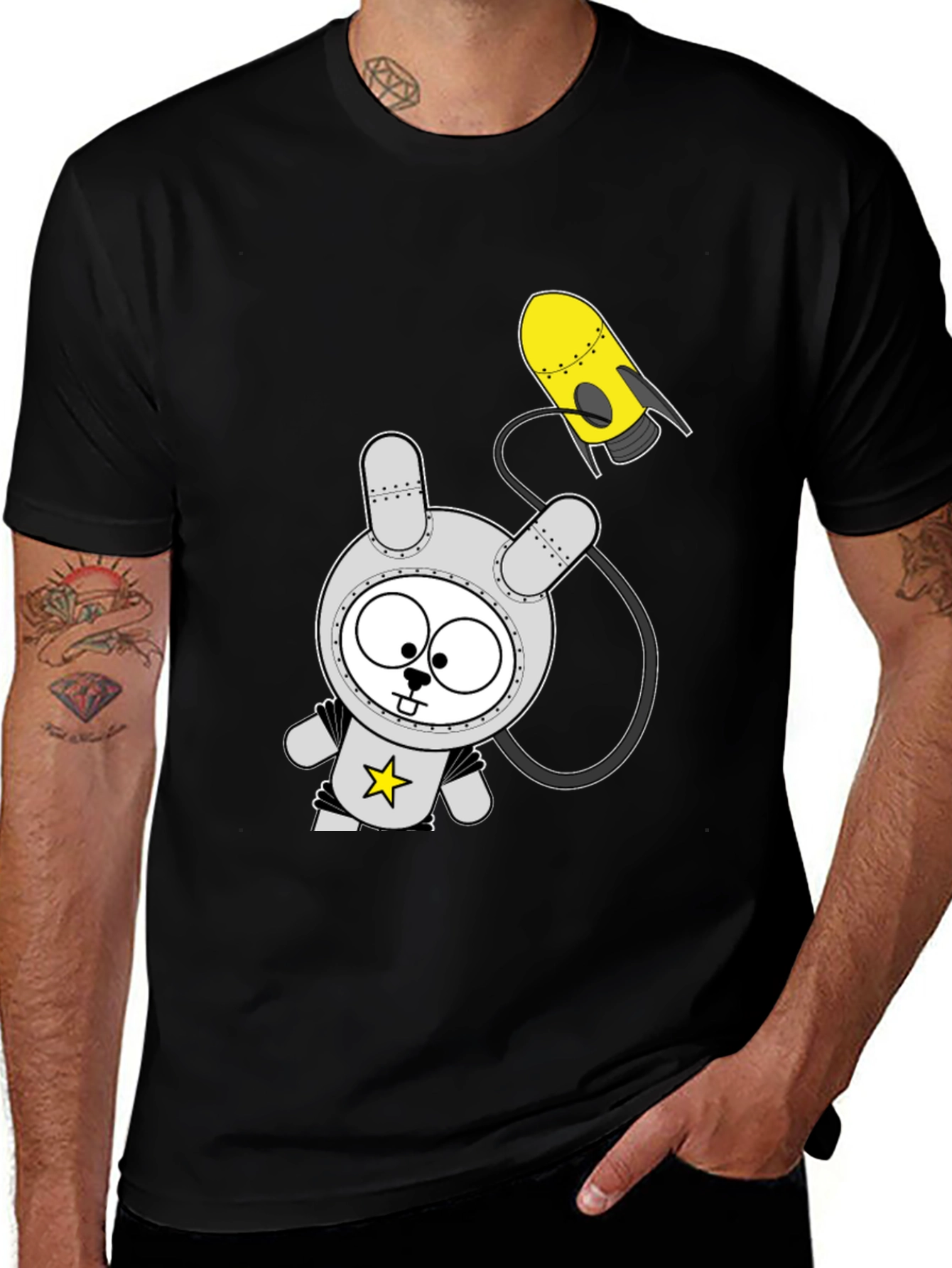 Space Bunny Graphic Tee - Black Cotton T-Shirt