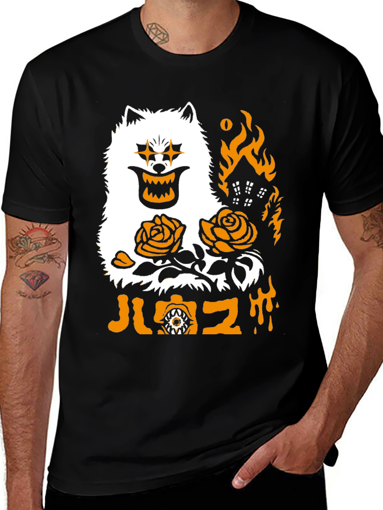 Variant 12 of Edgy Graphic Tee - Dog, Roses, Burning House Design