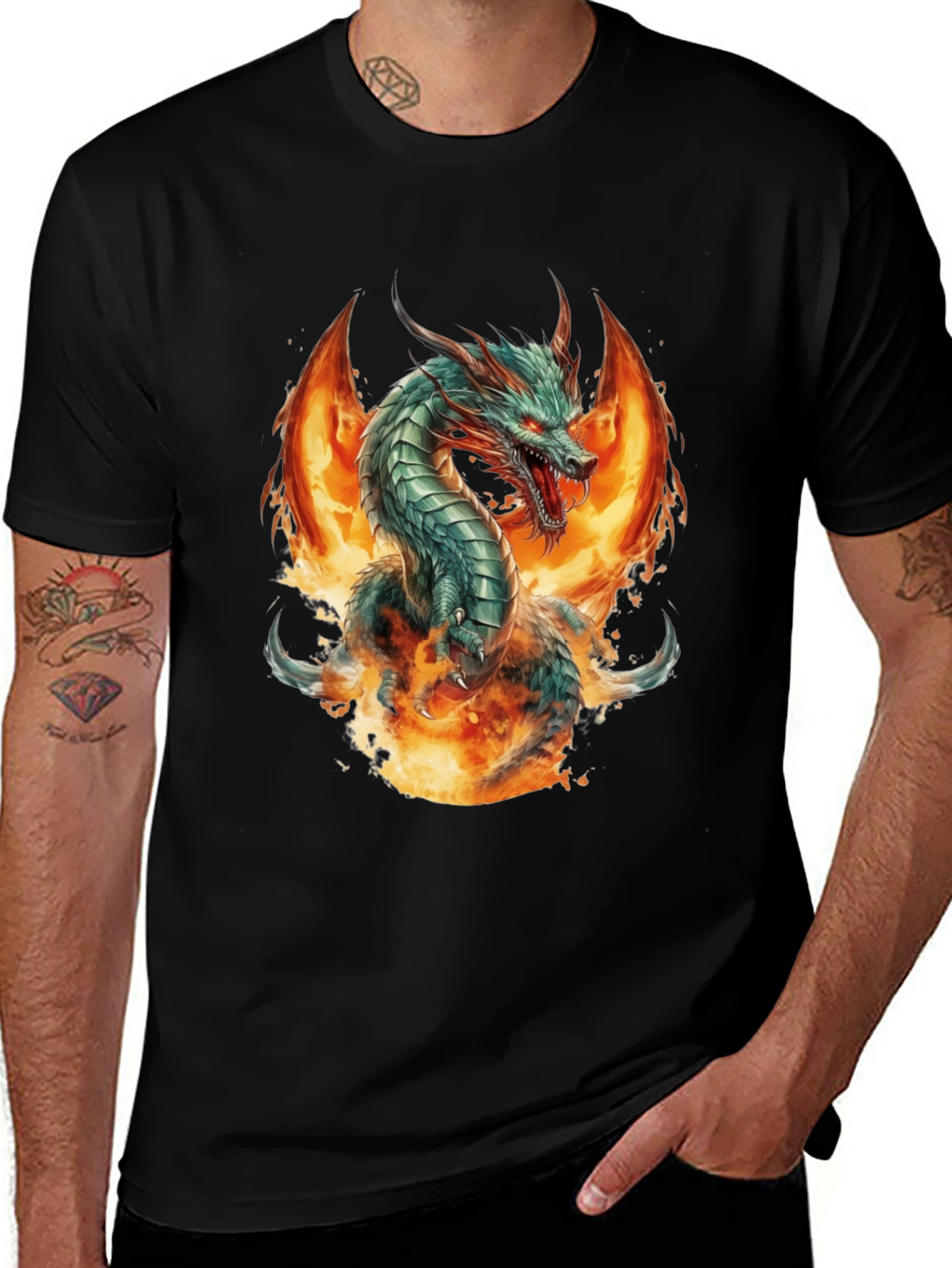 Variant 7 of Fiery Dragon Graphic Tee - Bold Black Cotton Shirt