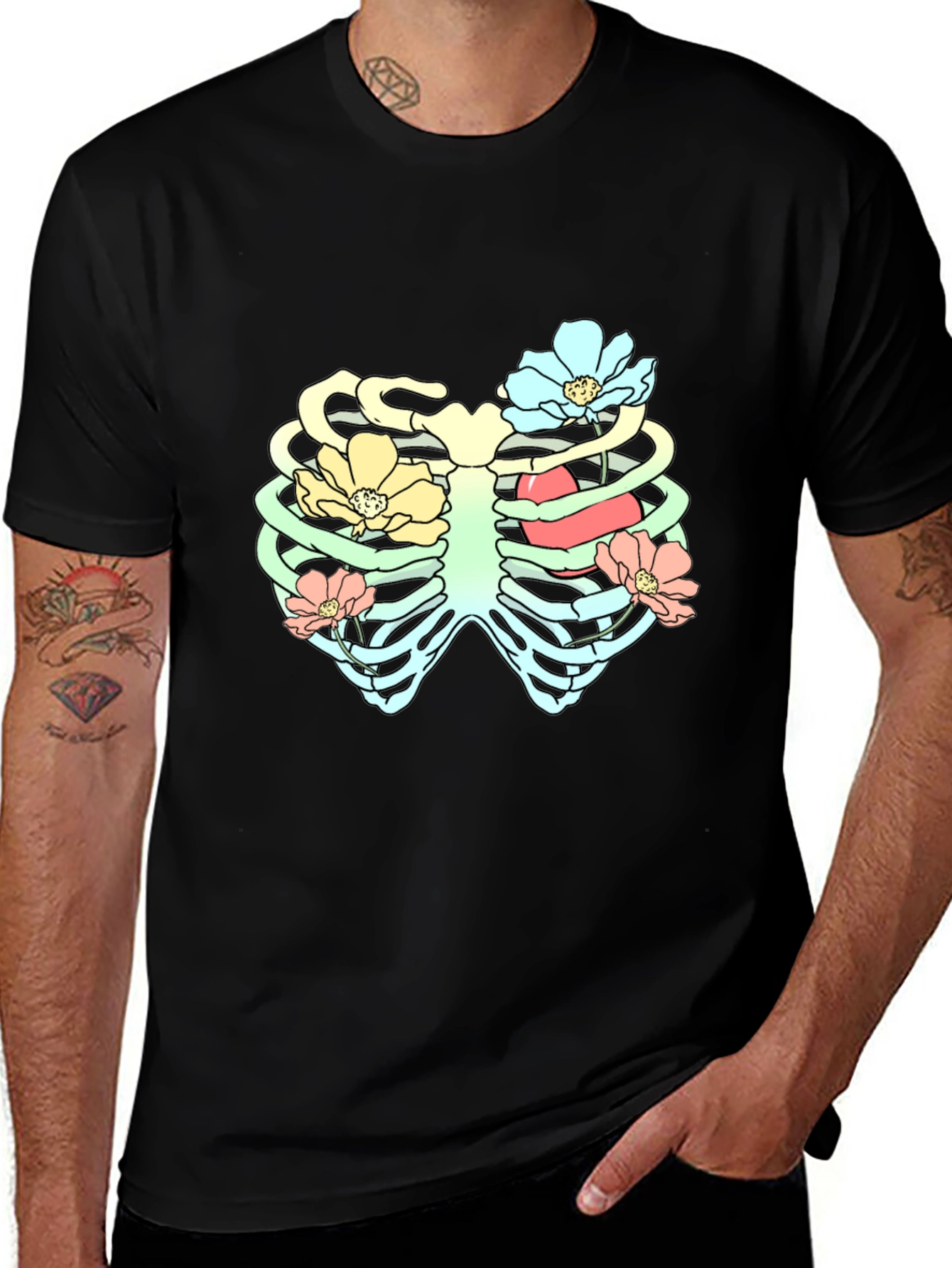 Variant 16 of Floral Ribcage T-Shirt - Unique Skeleton Design