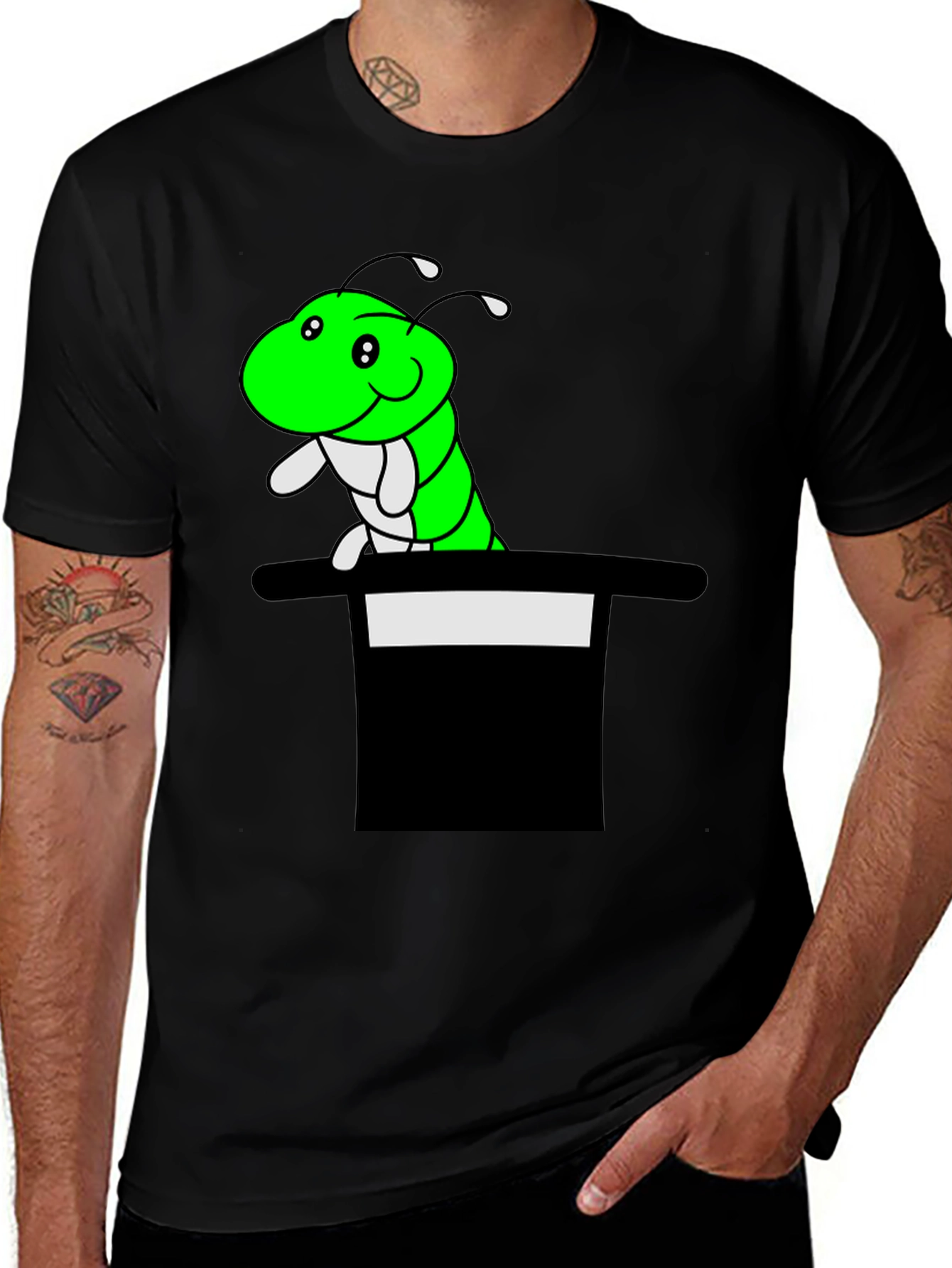 Variant 16 of Caterpillar in Hat T-Shirt - Funny Cartoon Tee