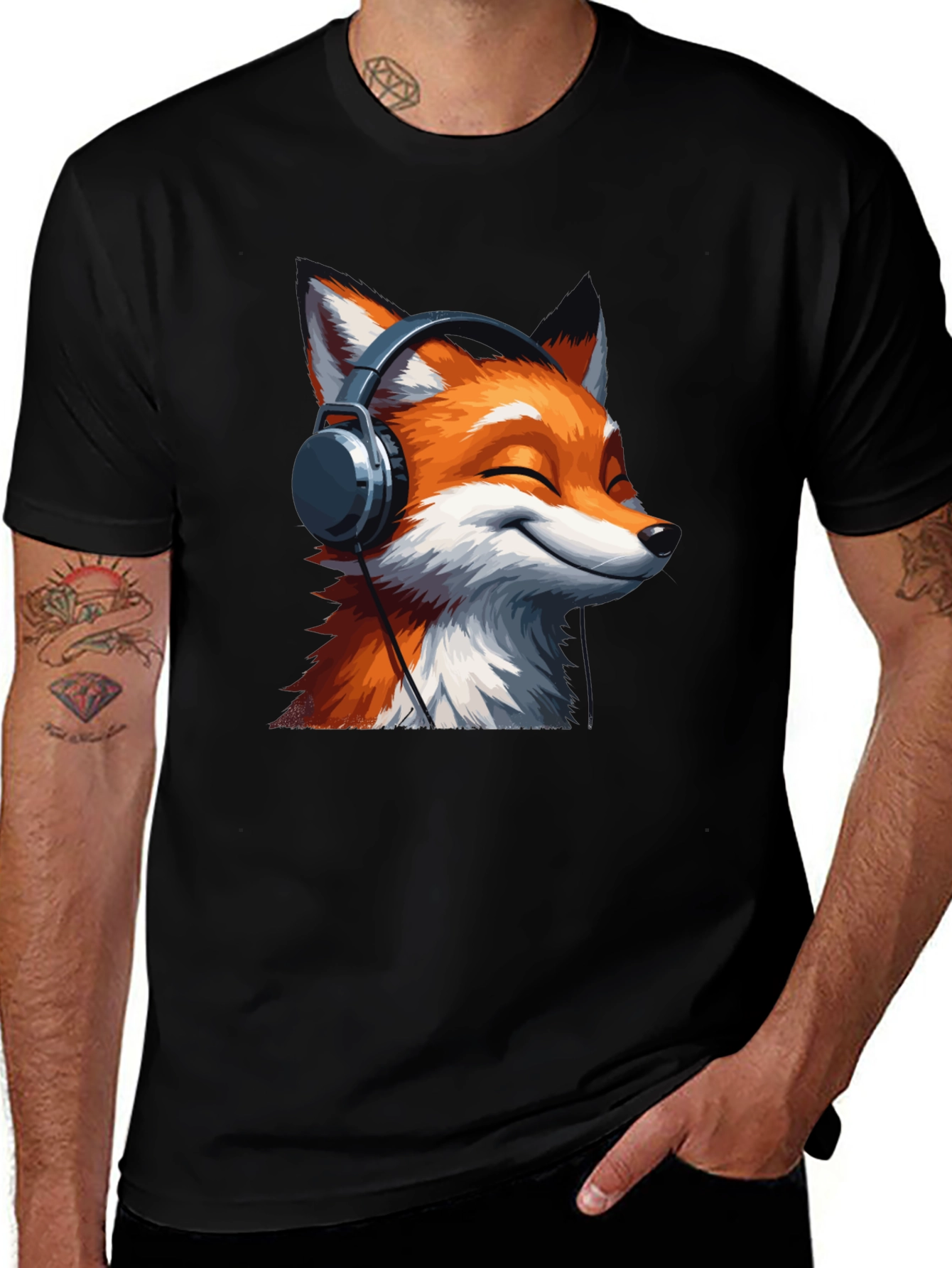 Variant 28 of Fox Headphones Black T-Shirt - Music Lover Tee