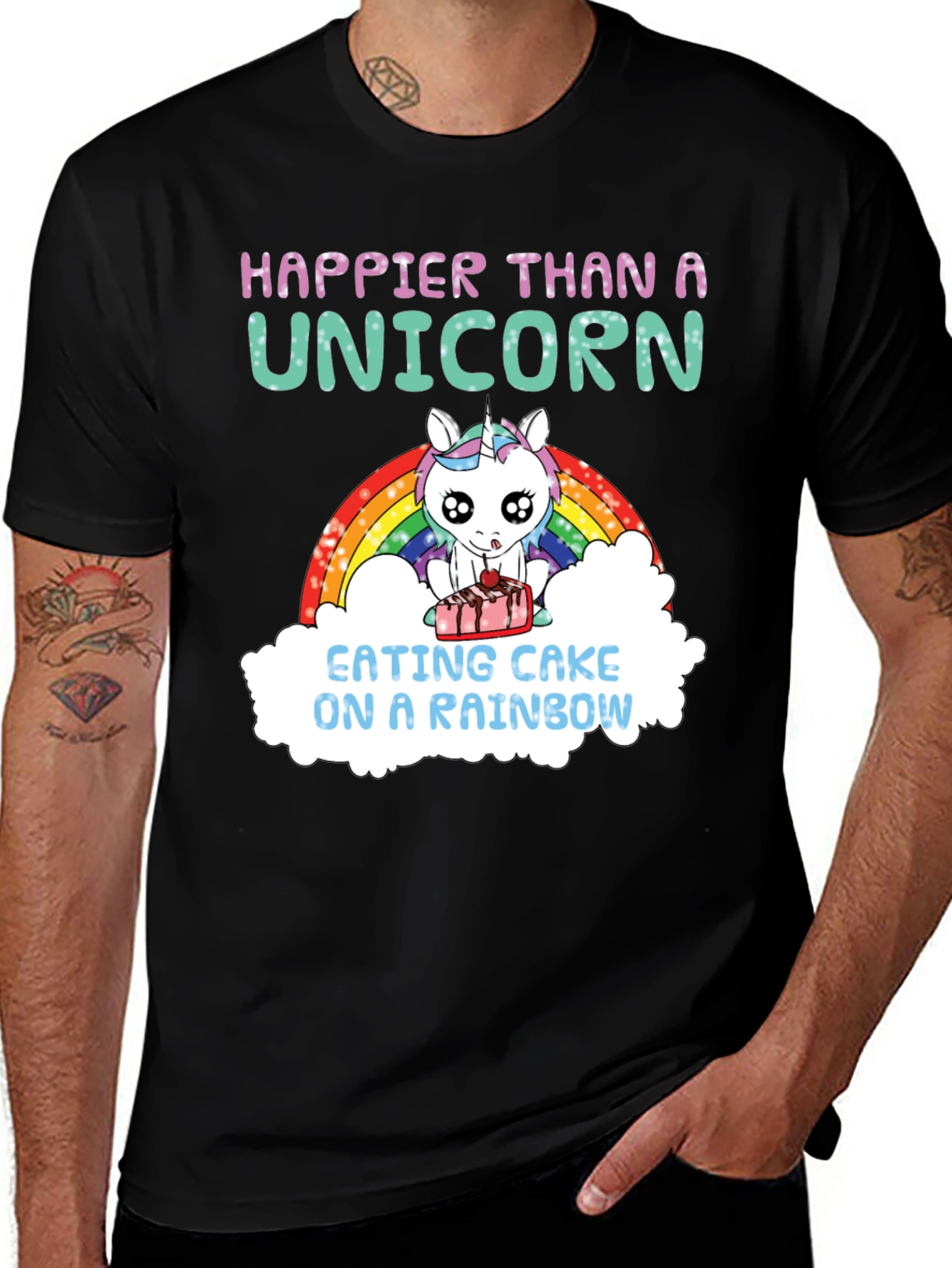 Black Happier Than A Unicorn Cake Rainbow T-Shirt main image