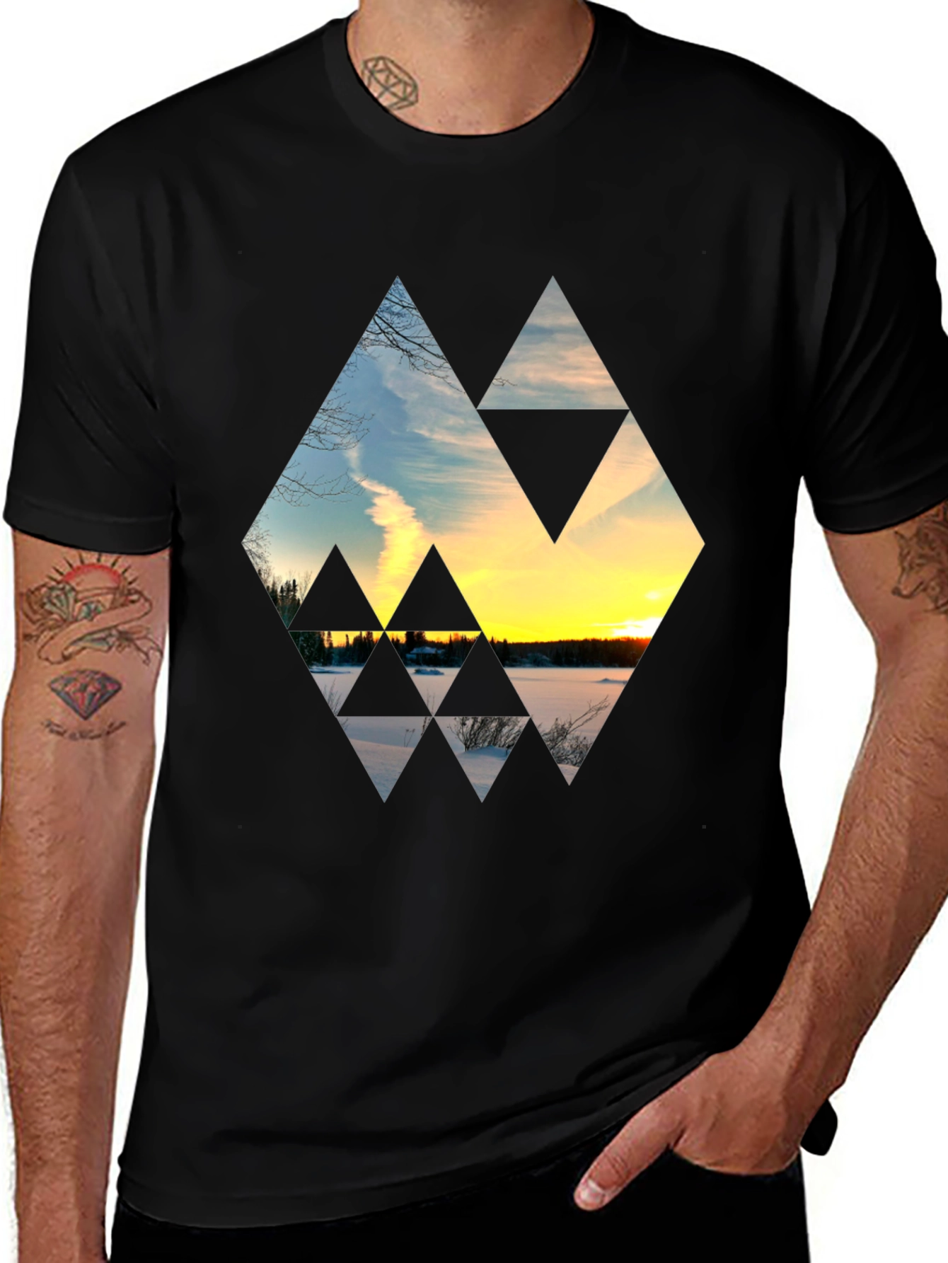 Variant 24 of Geometric Sunset Graphic Tee - Modern Men's Black T-Shirt