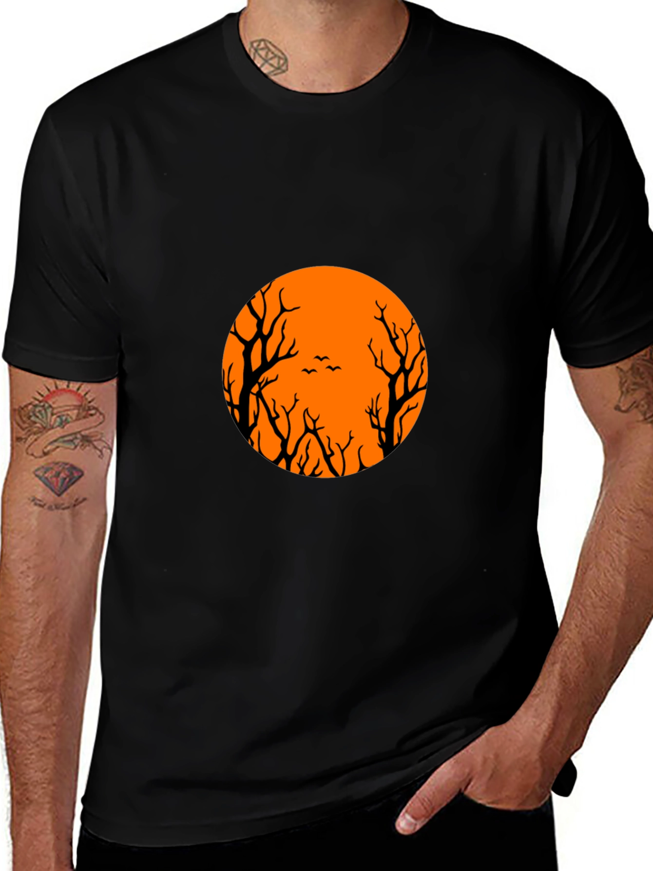 Men's Black Halloween T-Shirt with Orange Moon and Tree Design