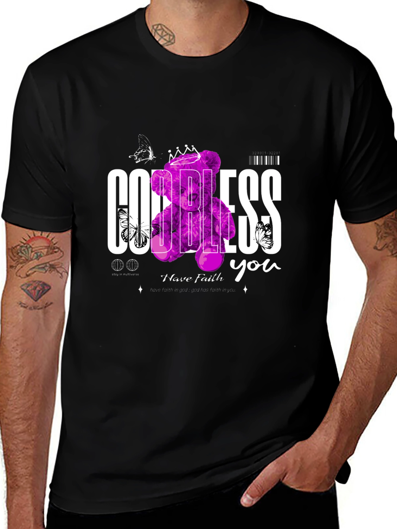Variant 20 of God Bless You Graphic Tee - Trendy Teddy Bear Design