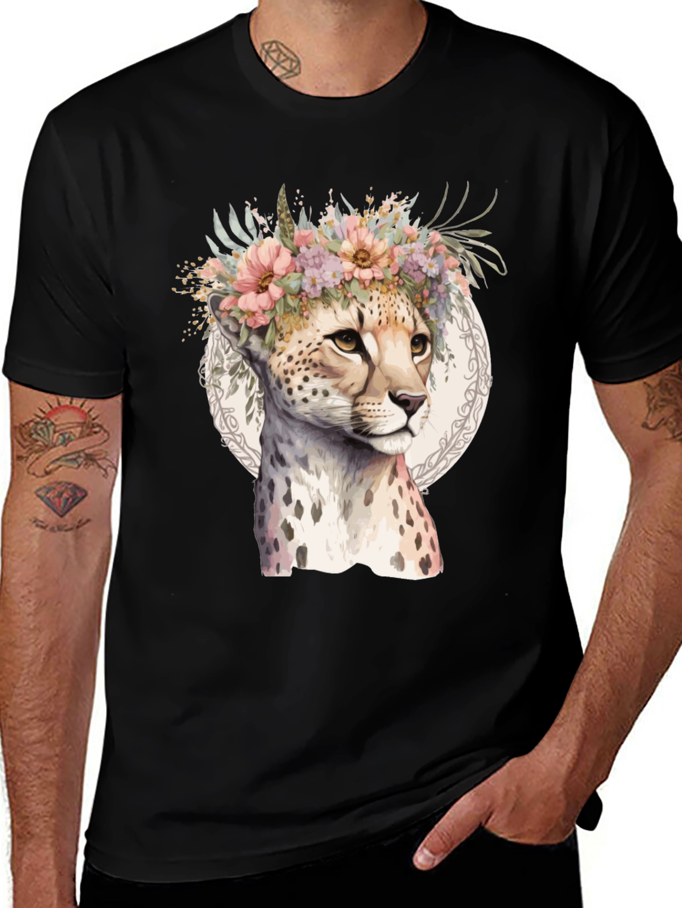 Variant 8 of Cheetah Floral Crown T-Shirt - Stylish Graphic Tee