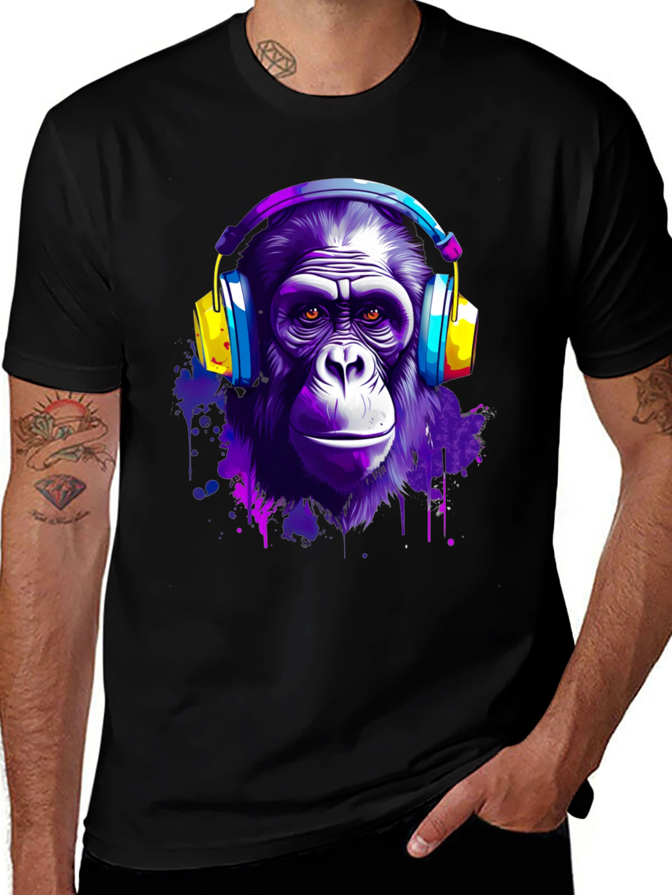 Variant 30 of Cool Ape with Headphones Black T-Shirt