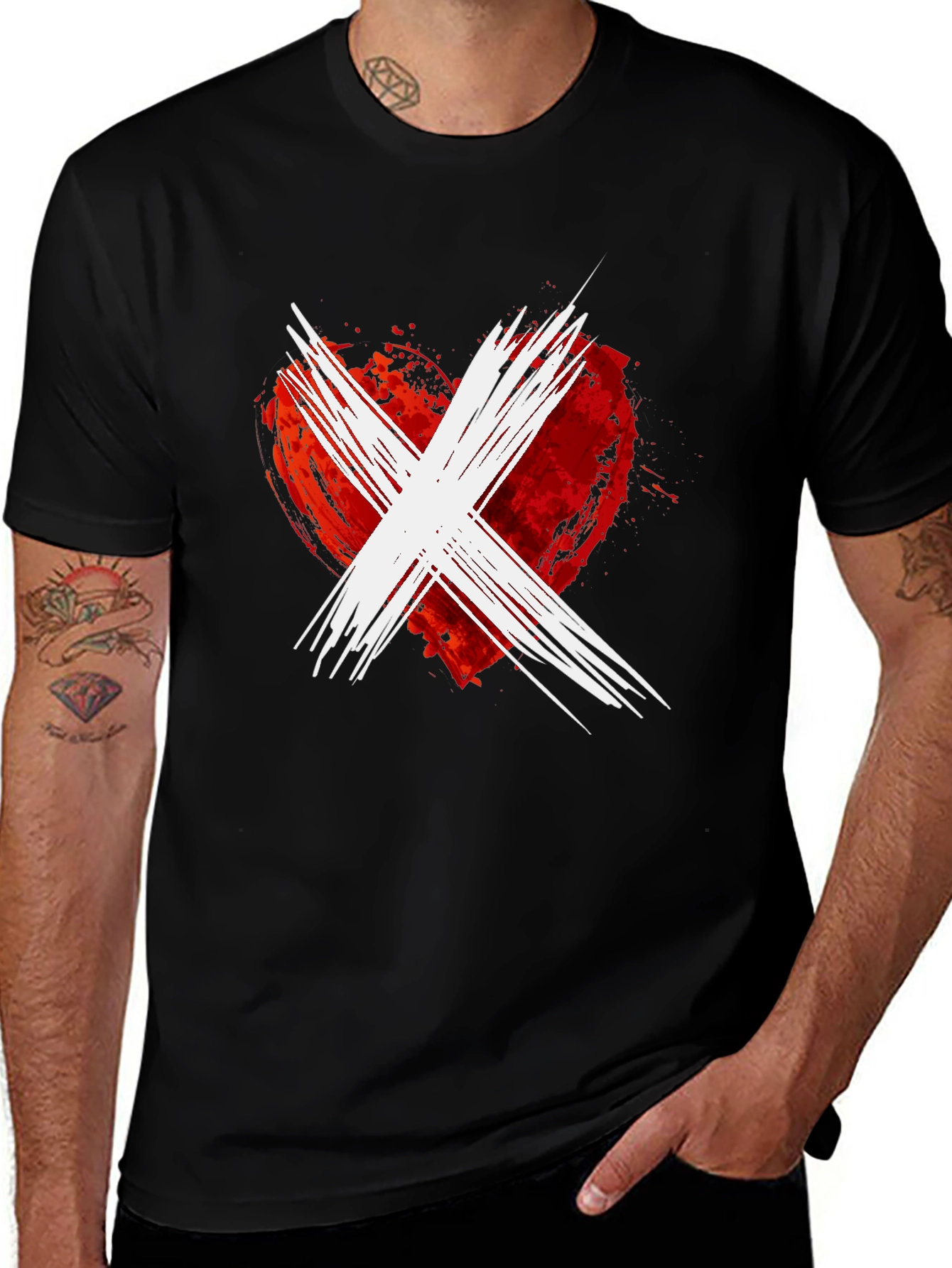 Black T-Shirt - Red Heart with White Cross Design