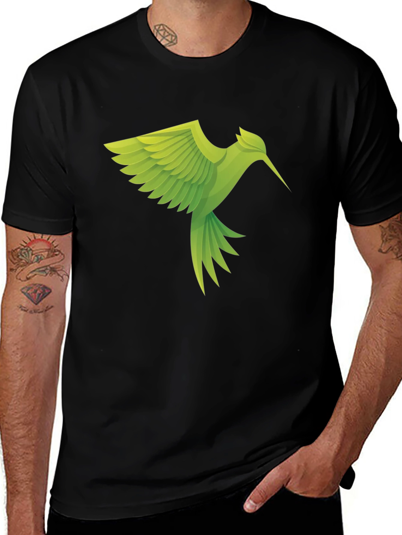 Variant 15 of Stylish Black T-Shirt with Green Hummingbird Design