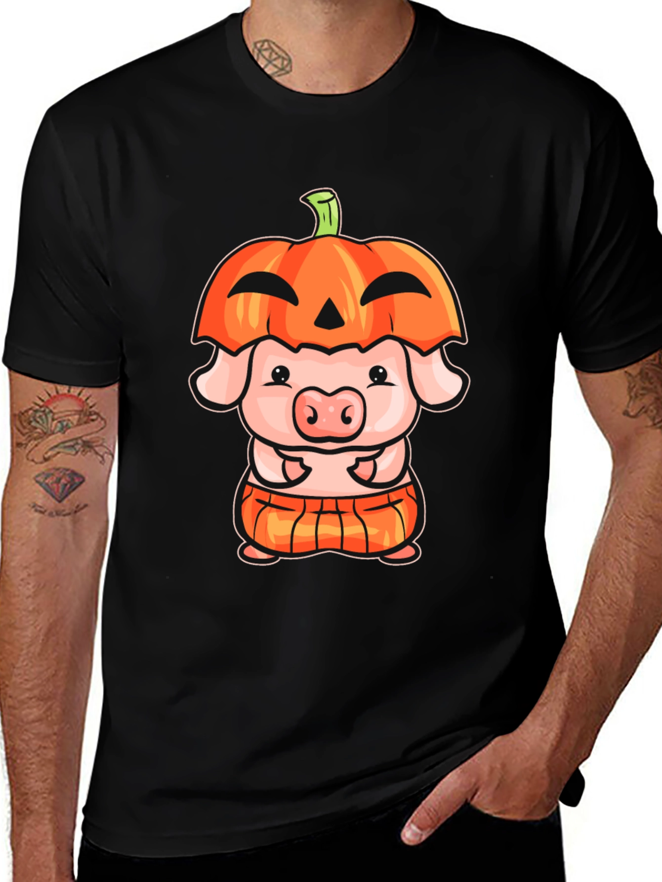 Black Cute Pig in Pumpkin Costume Graphic T-Shirt main image