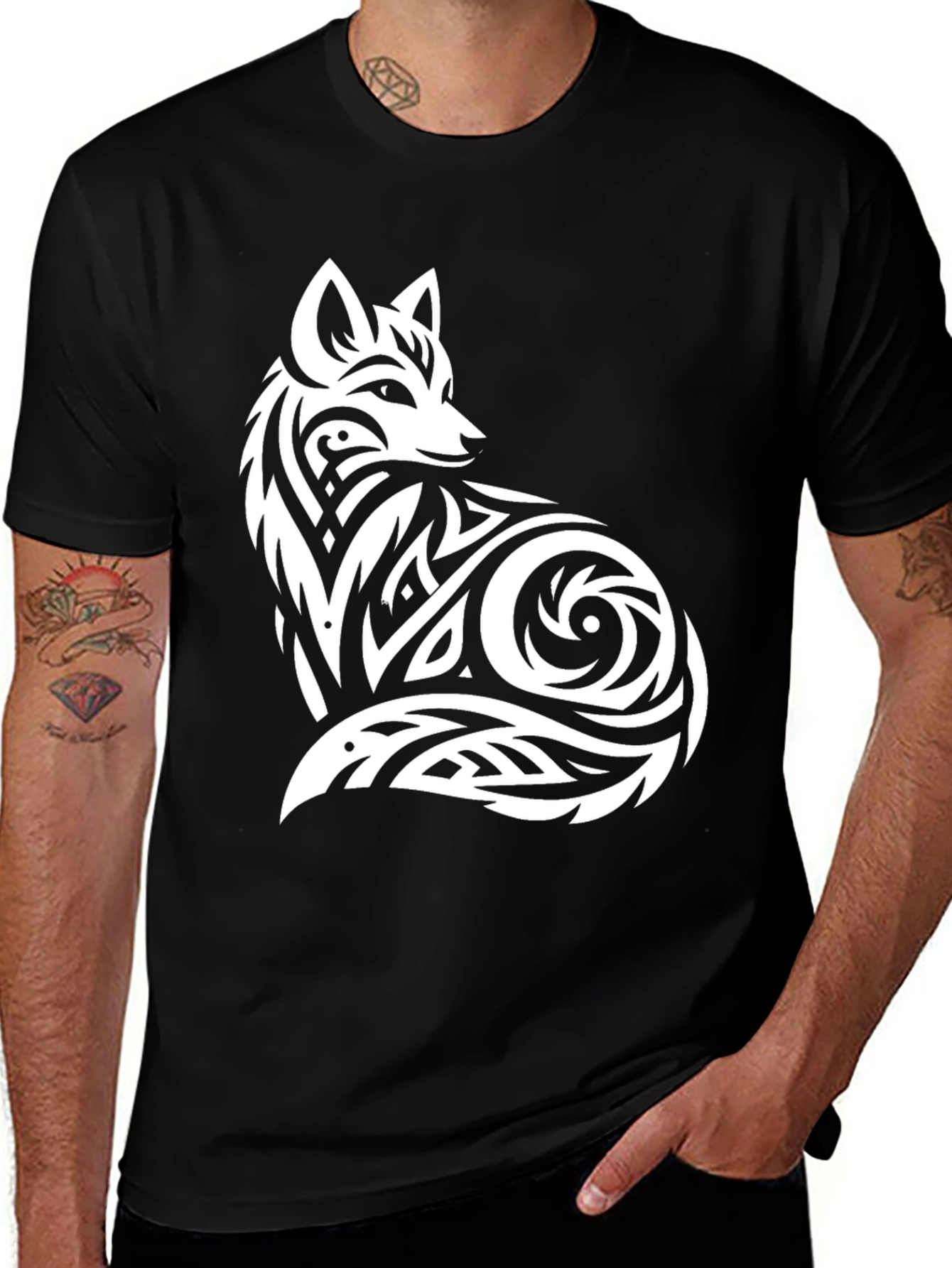Variant 30 of Tribal Fox Graphic Tee - Black Cotton T-Shirt