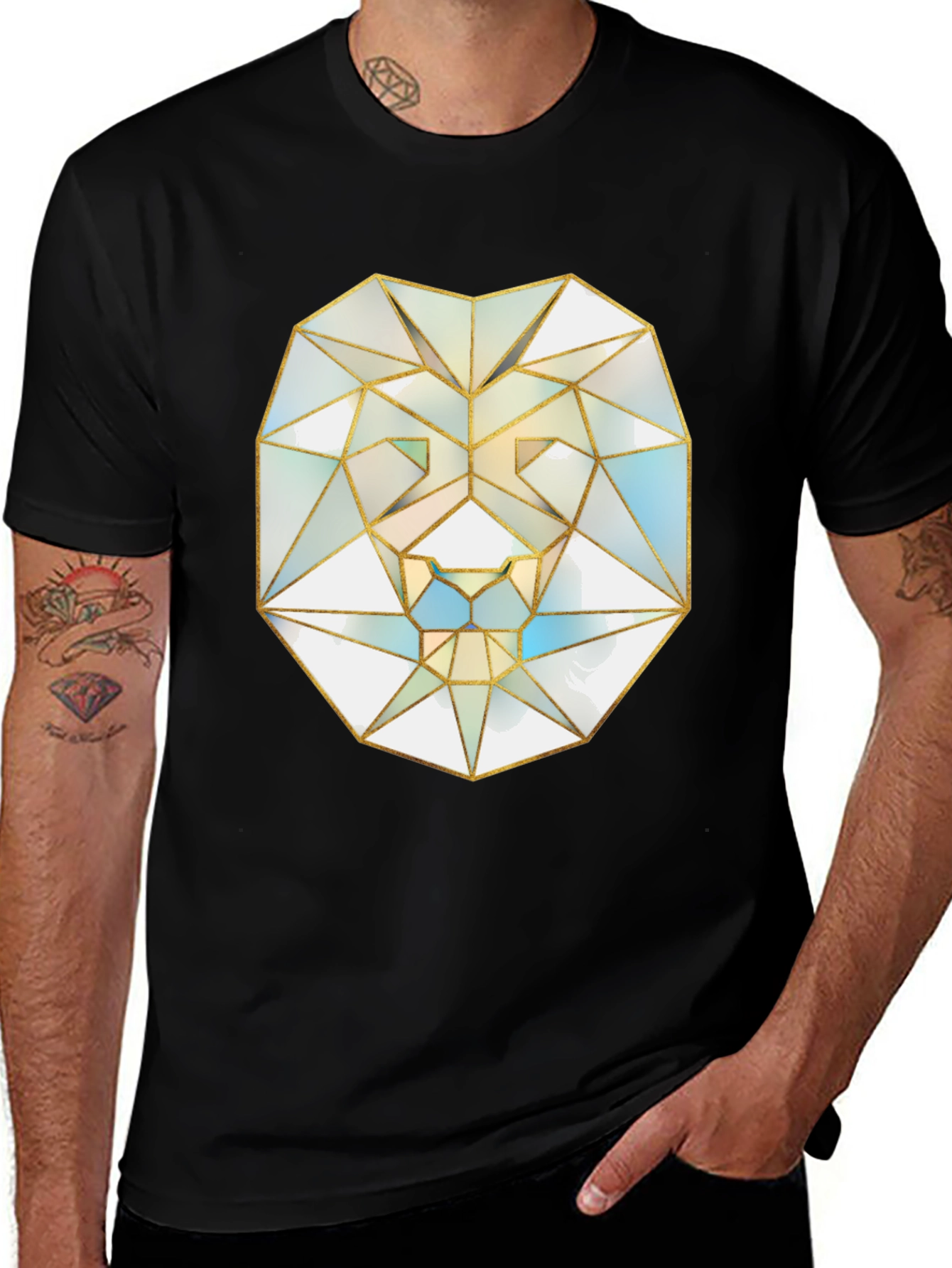 Variant 6 of Geometric Lion Graphic Tee - Stylish Men's Black T-Shirt