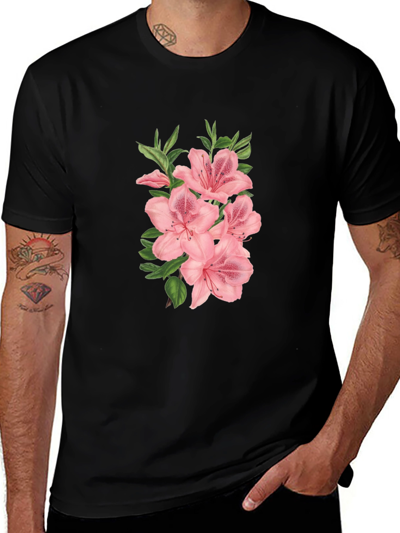 Variant 27 of Floral Azalea Black T-Shirt - Botanical Style