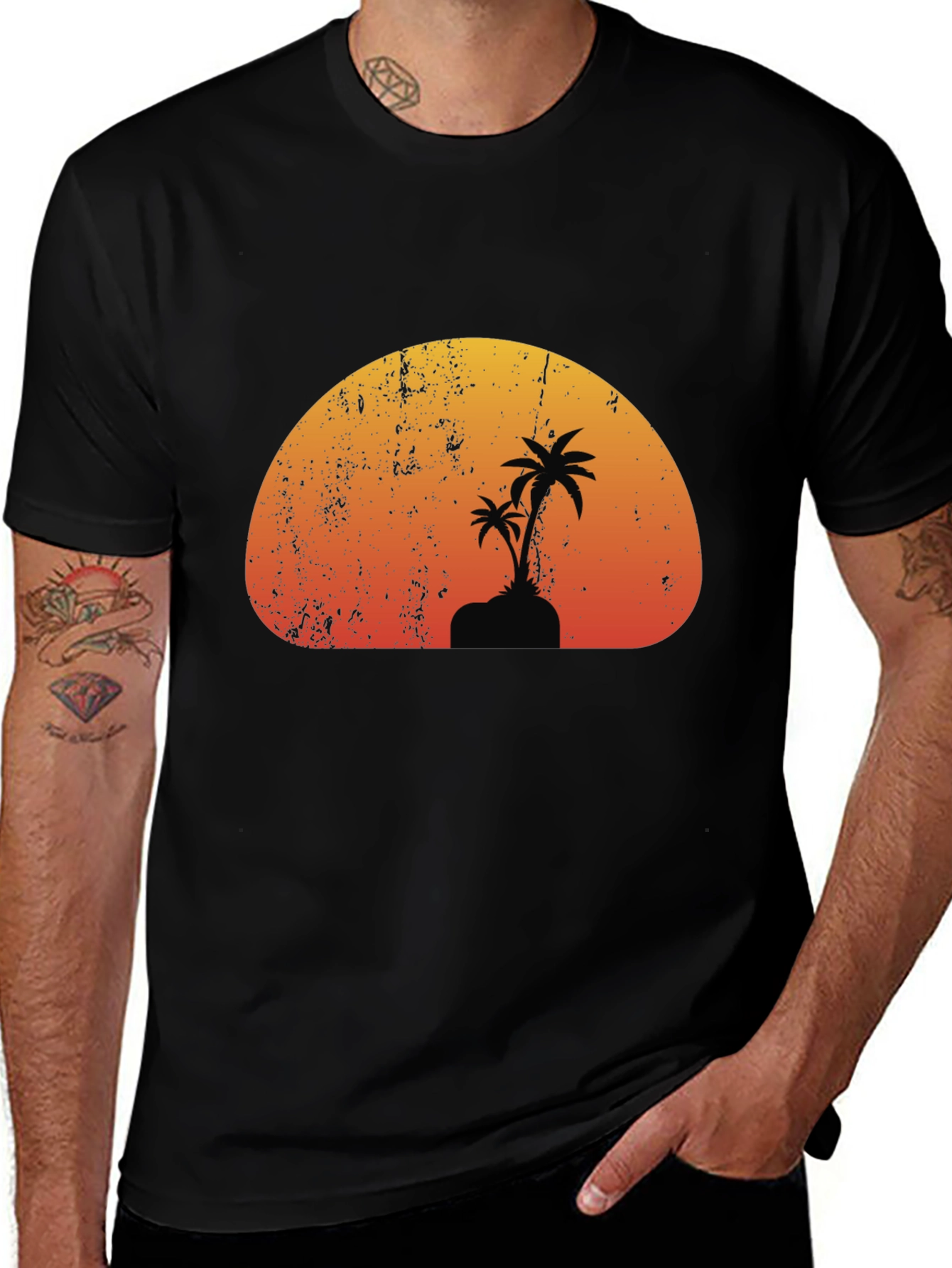 Variant 6 of Sunset Palm Tree Graphic Black T-Shirt