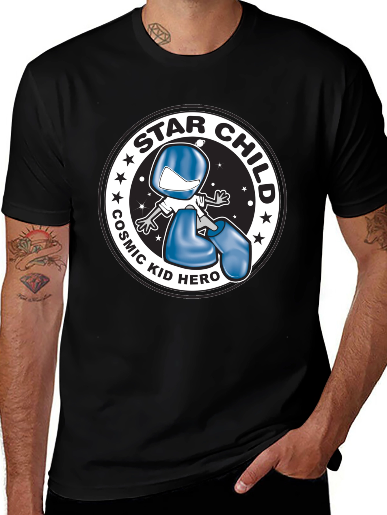 Star Child Cosmic Kid Hero Black T-Shirt