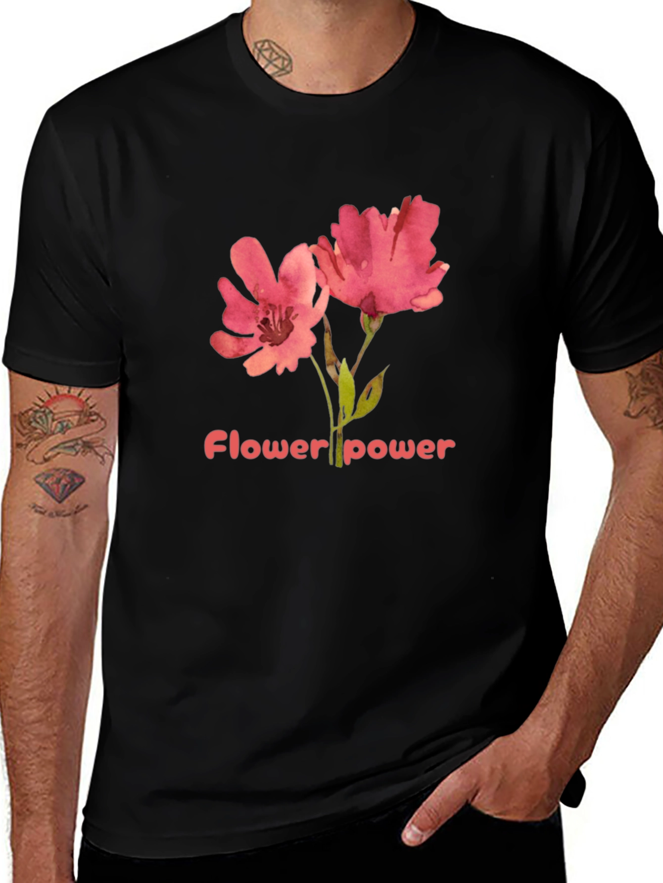 Flower Power Graphic Tee - Black Cotton T-Shirt