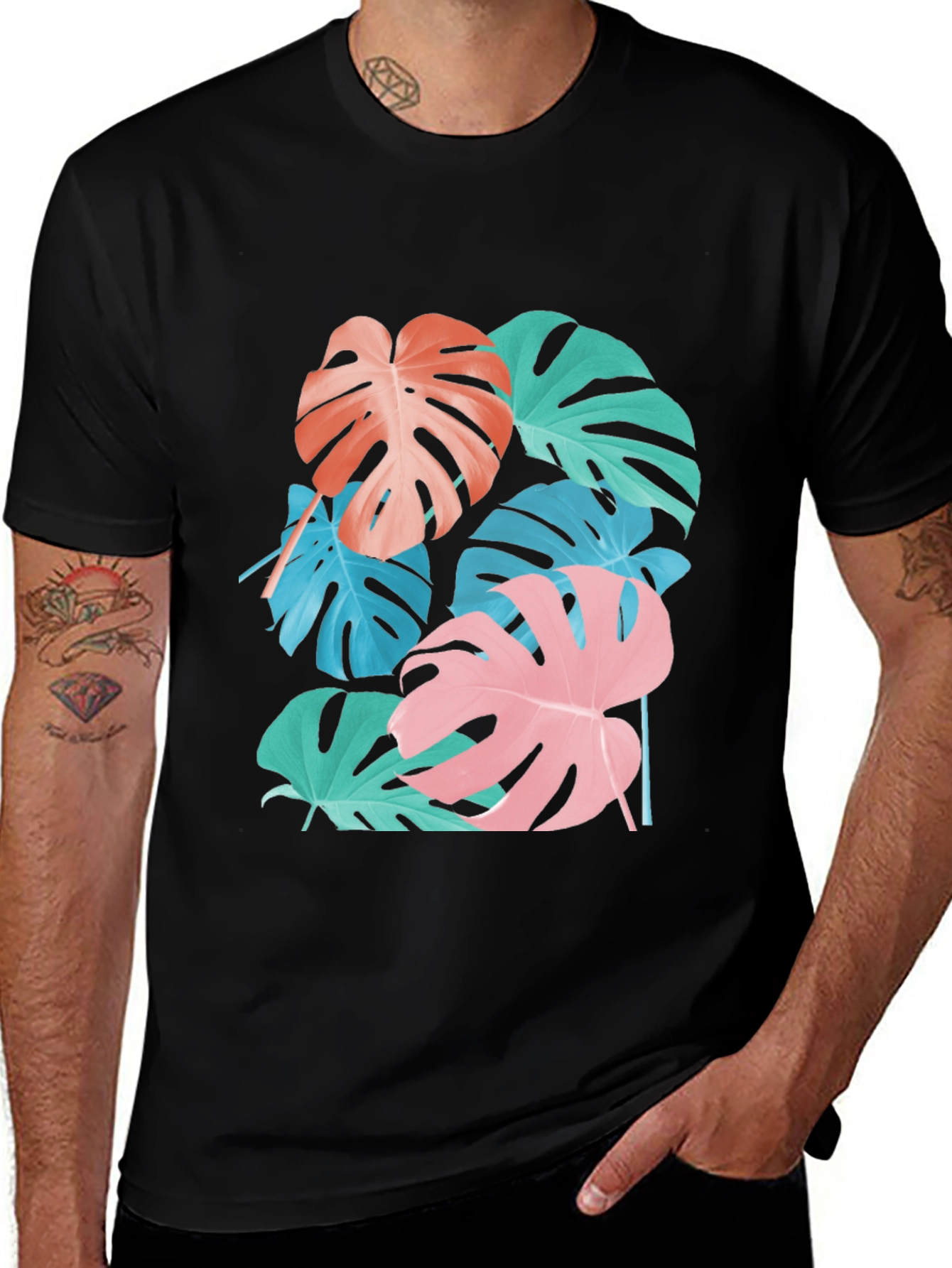 Variant 11 of Tropical Monstera Leaf Print Black Tee