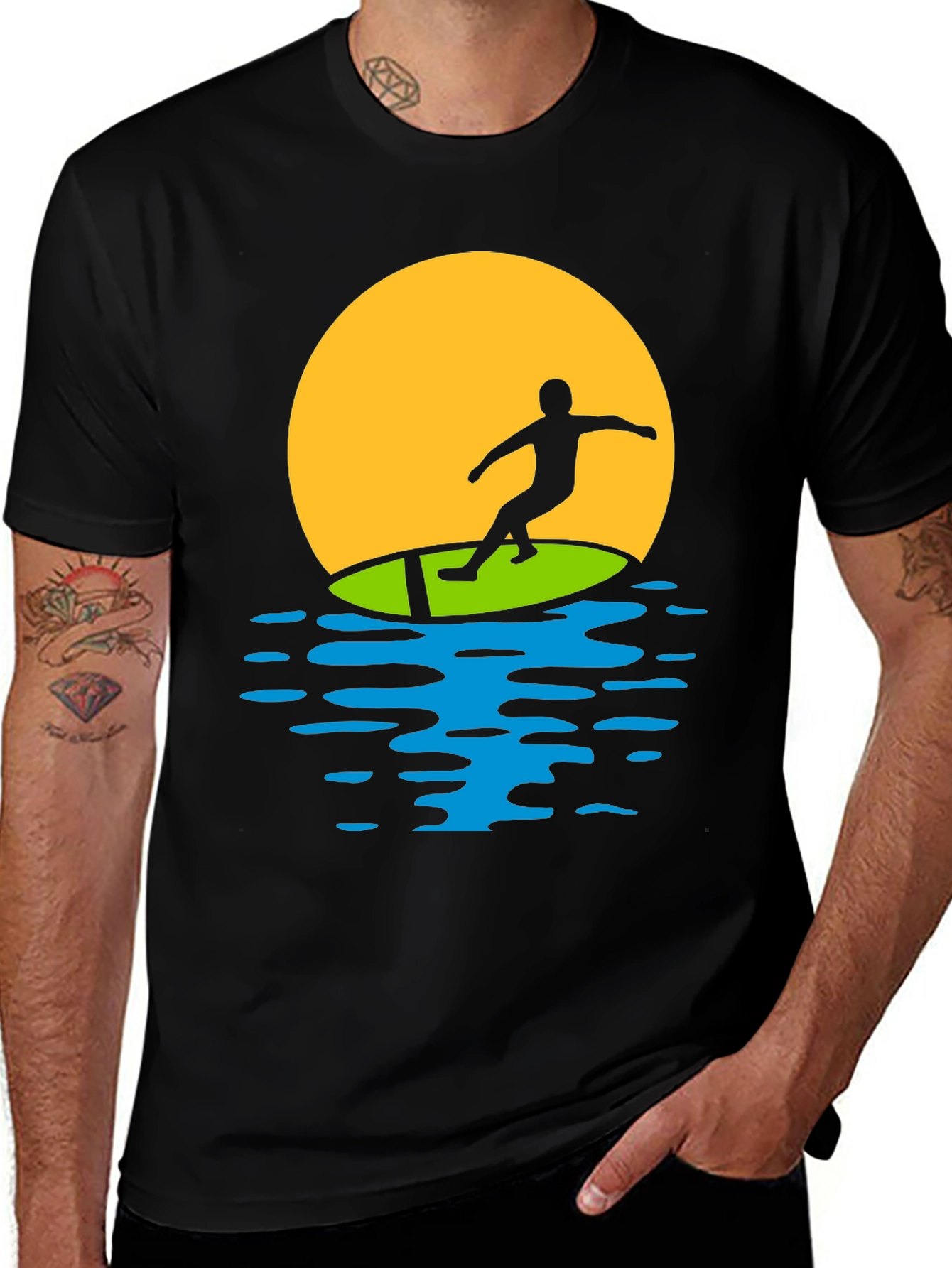 Variant 12 of Surfer Sunset Graphic Tee - Black Cotton T-Shirt