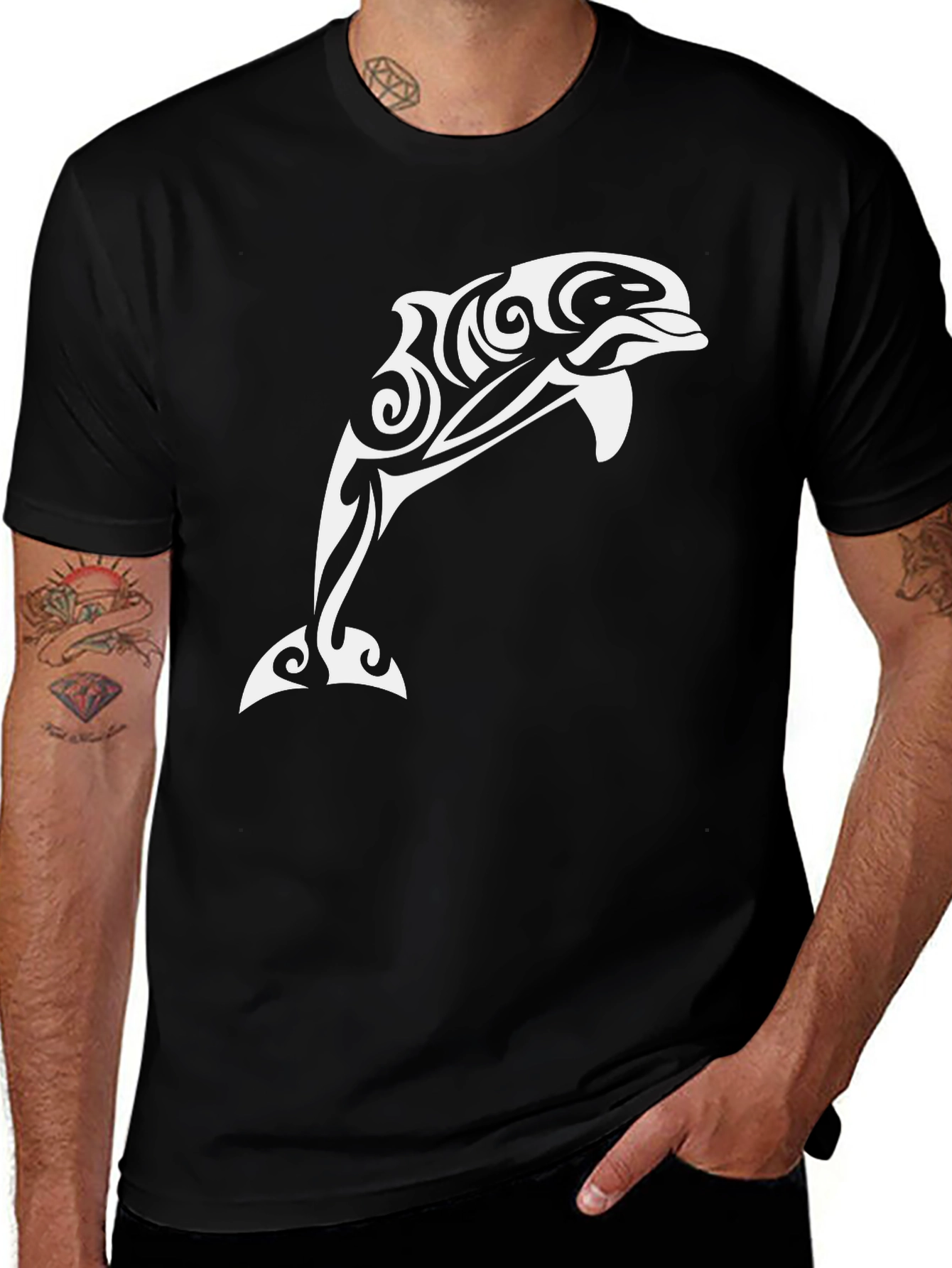 Variant 4 of Tribal Dolphin Graphic Tee - Black Cotton Shirt