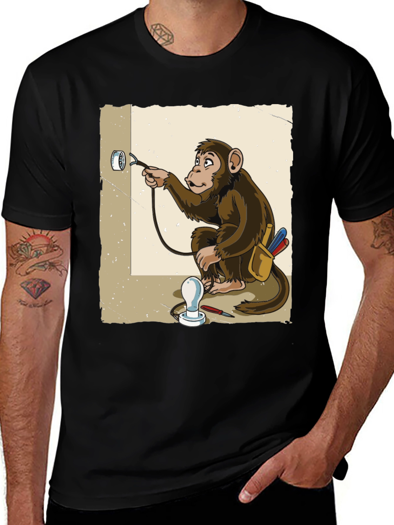 Black Electrician Monkey Graphic T-Shirt main image