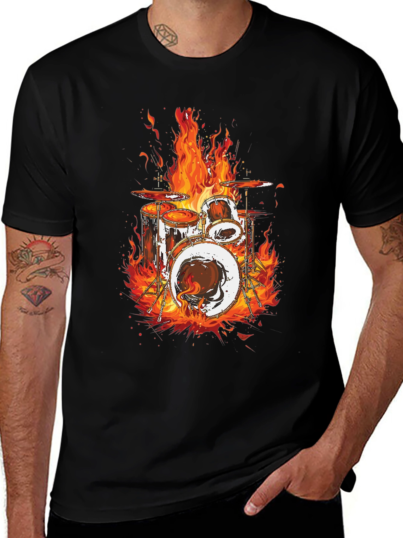 Variant 23 of Flaming Drum Set Black T-Shirt