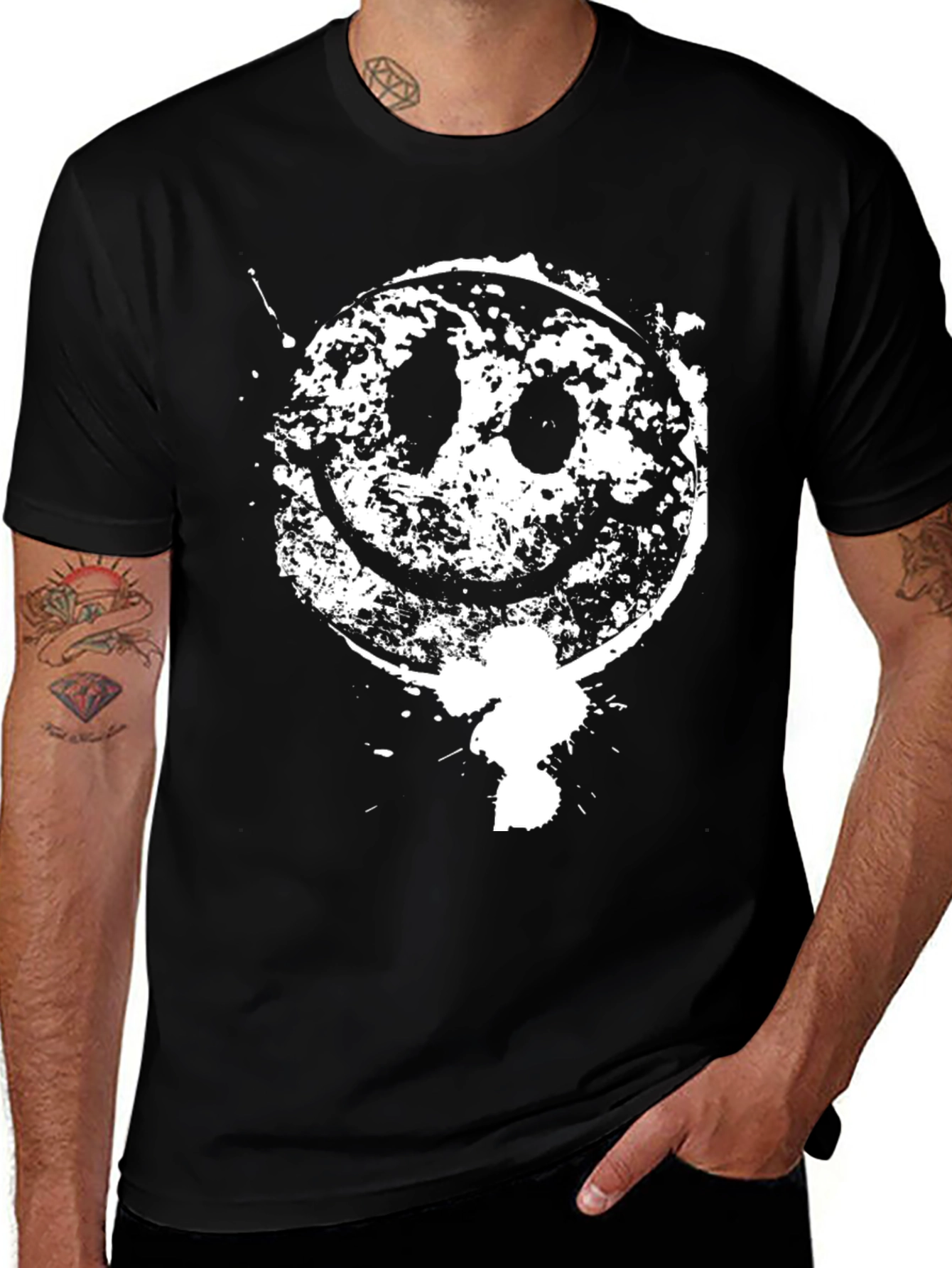 Distressed Smiley Face Graphic Black T-Shirt