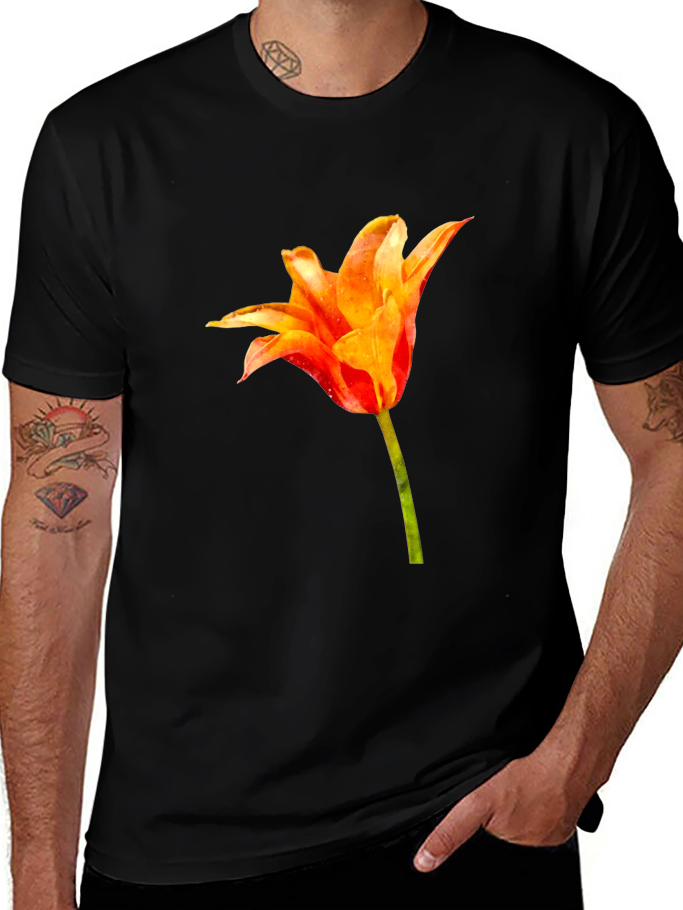 Variant 14 of Tulip Flower Graphic Black T-Shirt