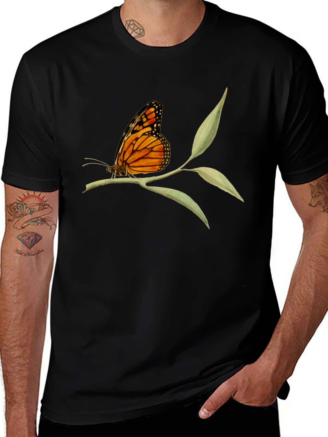 Variant 9 of Butterfly on Branch Graphic Tee - Black Cotton T-Shirt