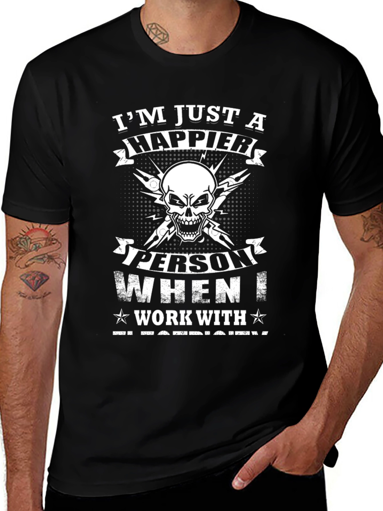 Variant 25 of Happier Electrician T-Shirt: Skull & Tools Design
