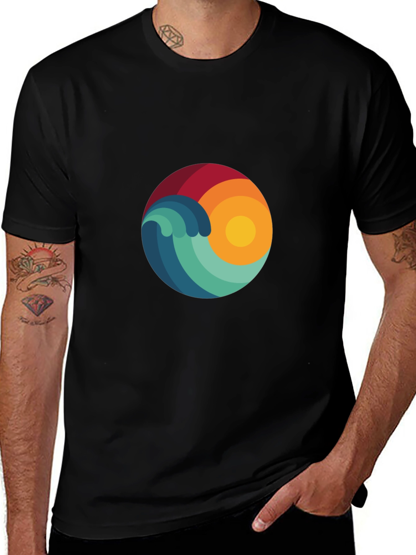 Variant 13 of Abstract Wave & Sun Graphic Black T-Shirt