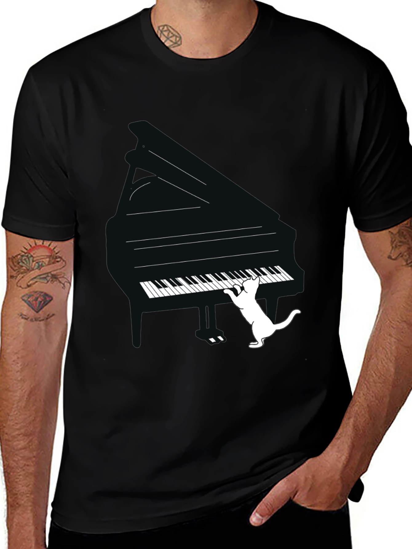 Piano Cat Graphic Tee - Black Cotton T-Shirt