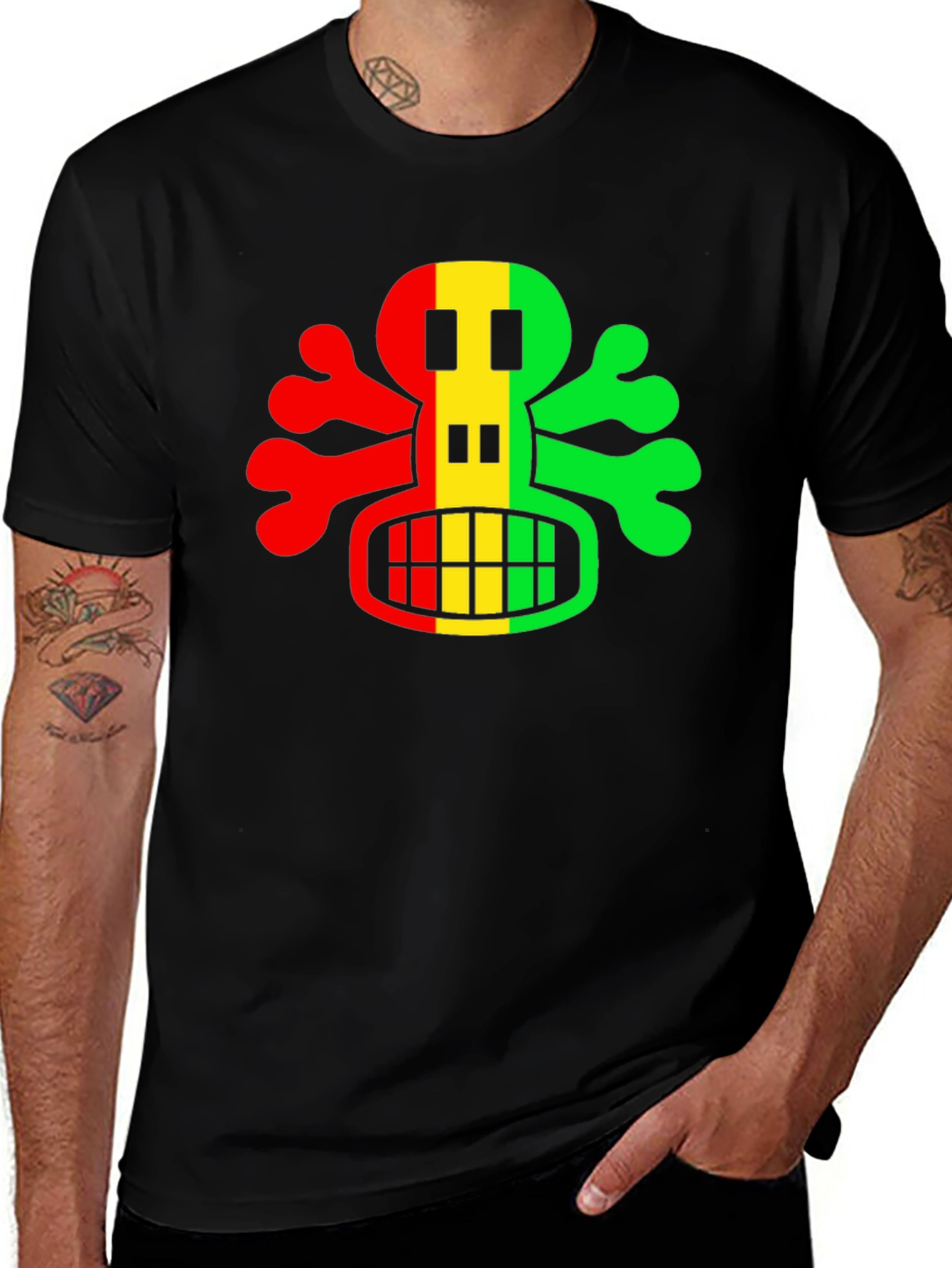 Rasta Skull Graphic Tee - Black Cotton T-Shirt