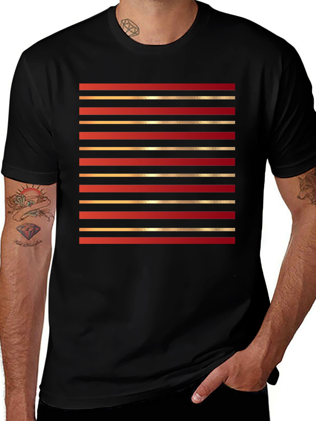 Variant 5 of Striped Graphic Print Tee - Red and Gold on Black