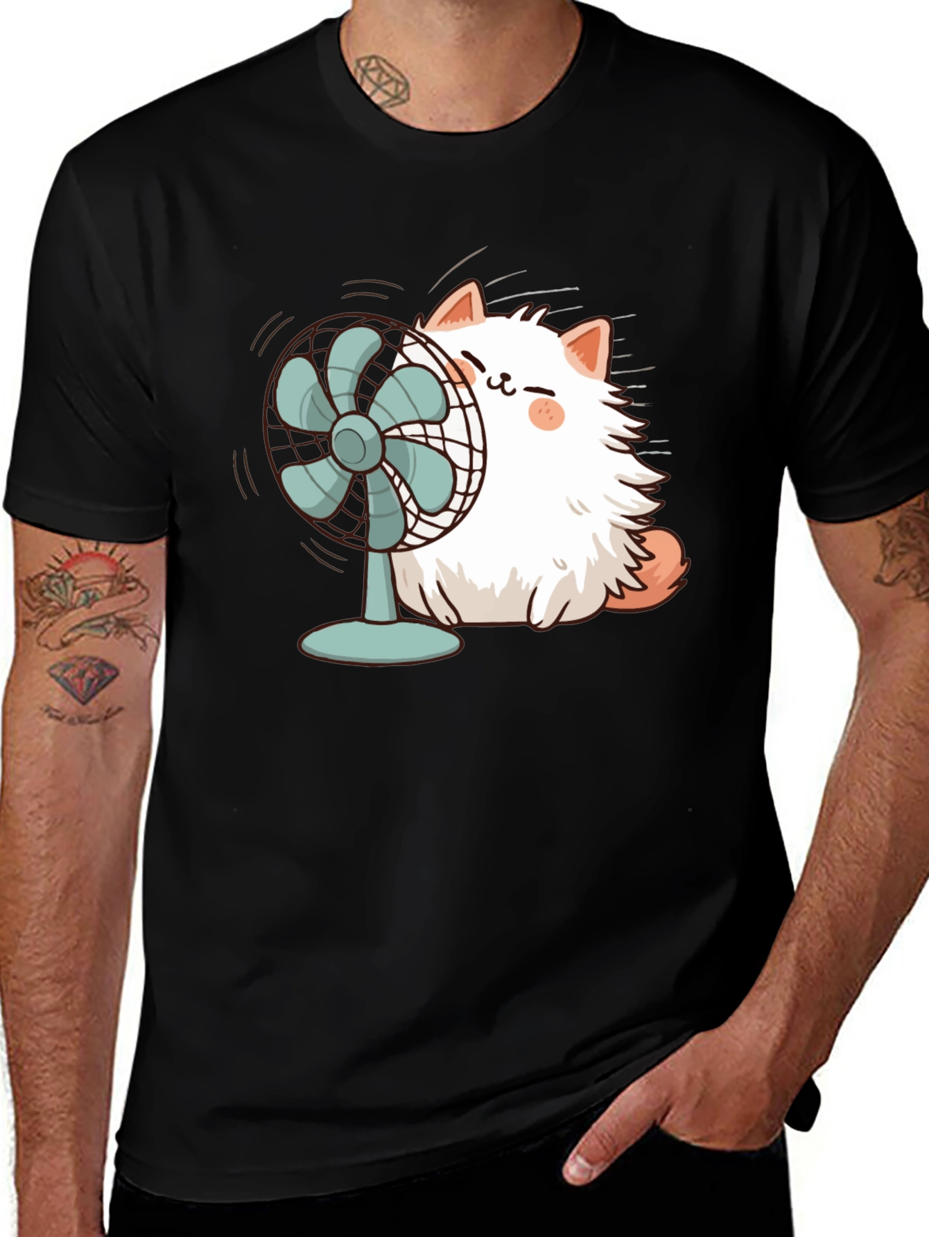 Variant 14 of Cat & Fan Black T-Shirt - Cool Comfort Style