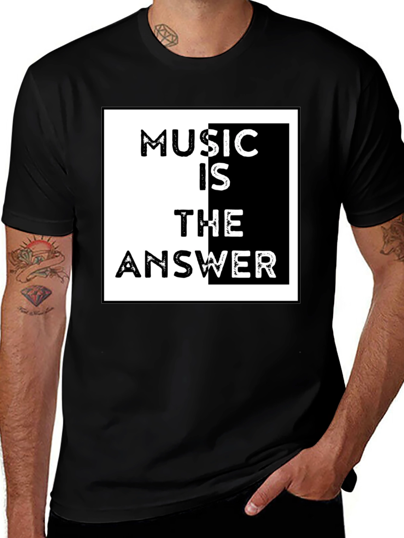 Variant 15 of Music is the Answer Graphic Tee - Black Cotton T-Shirt