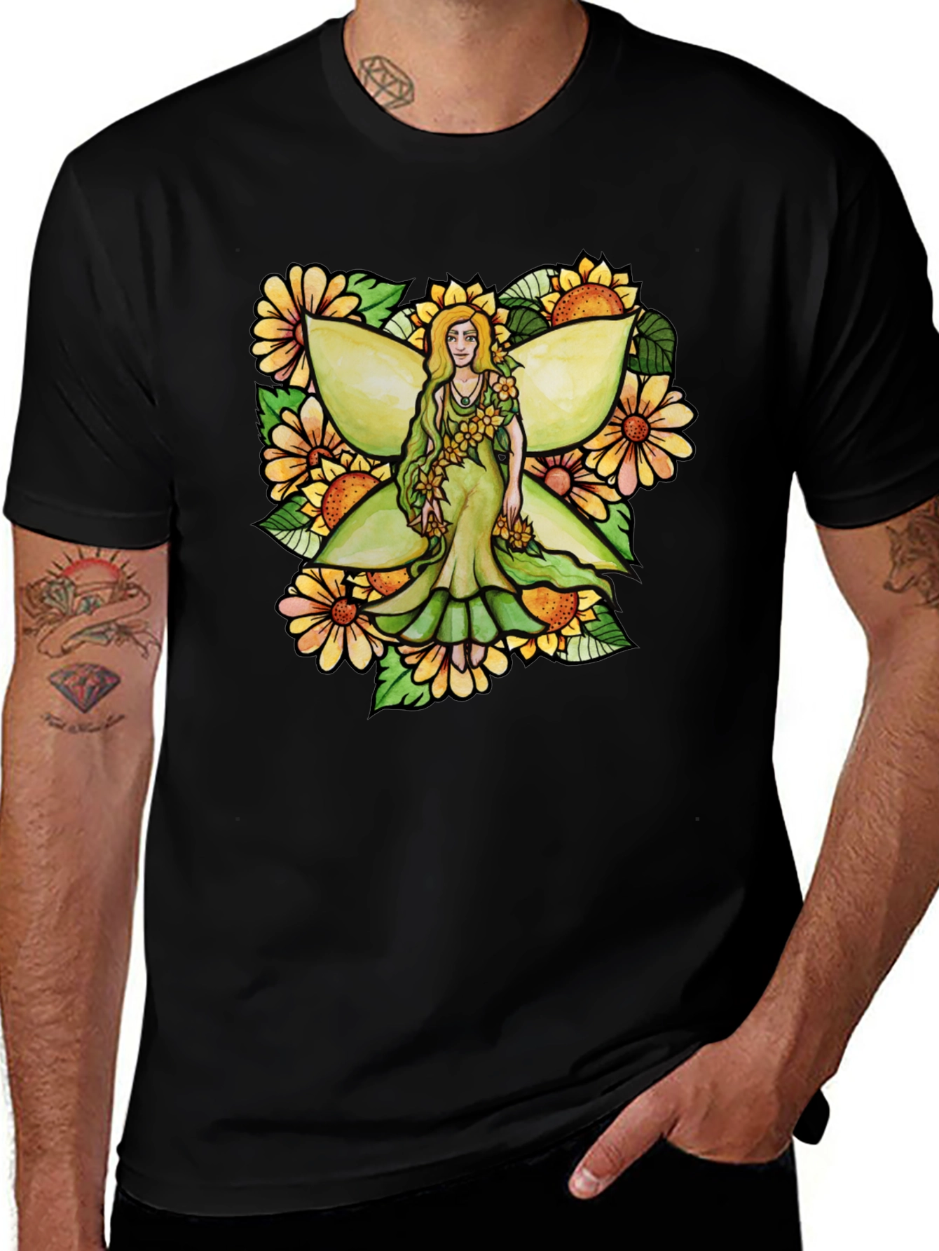 Variant 8 of Sunflower Fairy Graphic Tee - Black Cotton Shirt