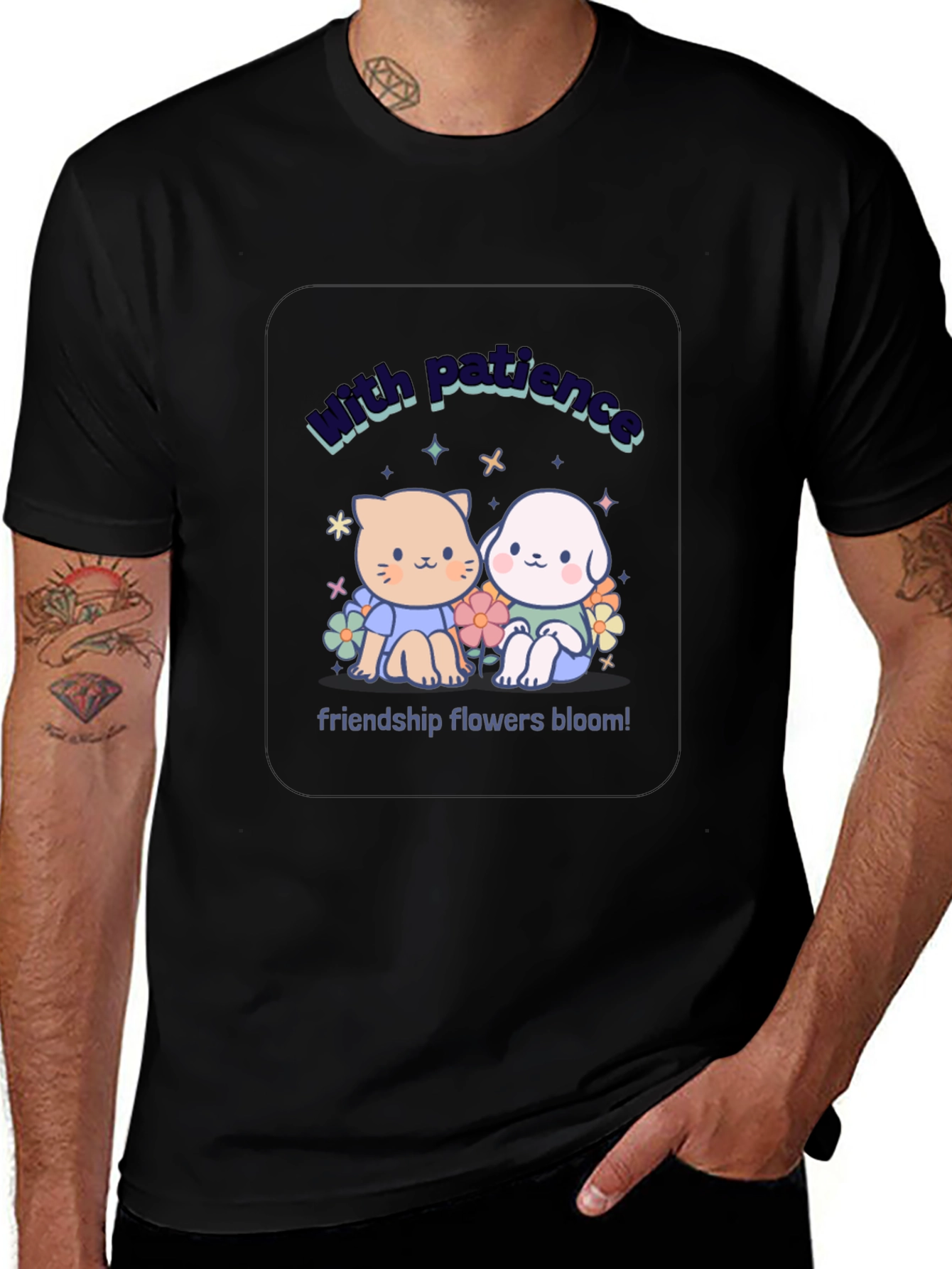 Patience Friendship T-Shirt: Cute Cat & Dog Design