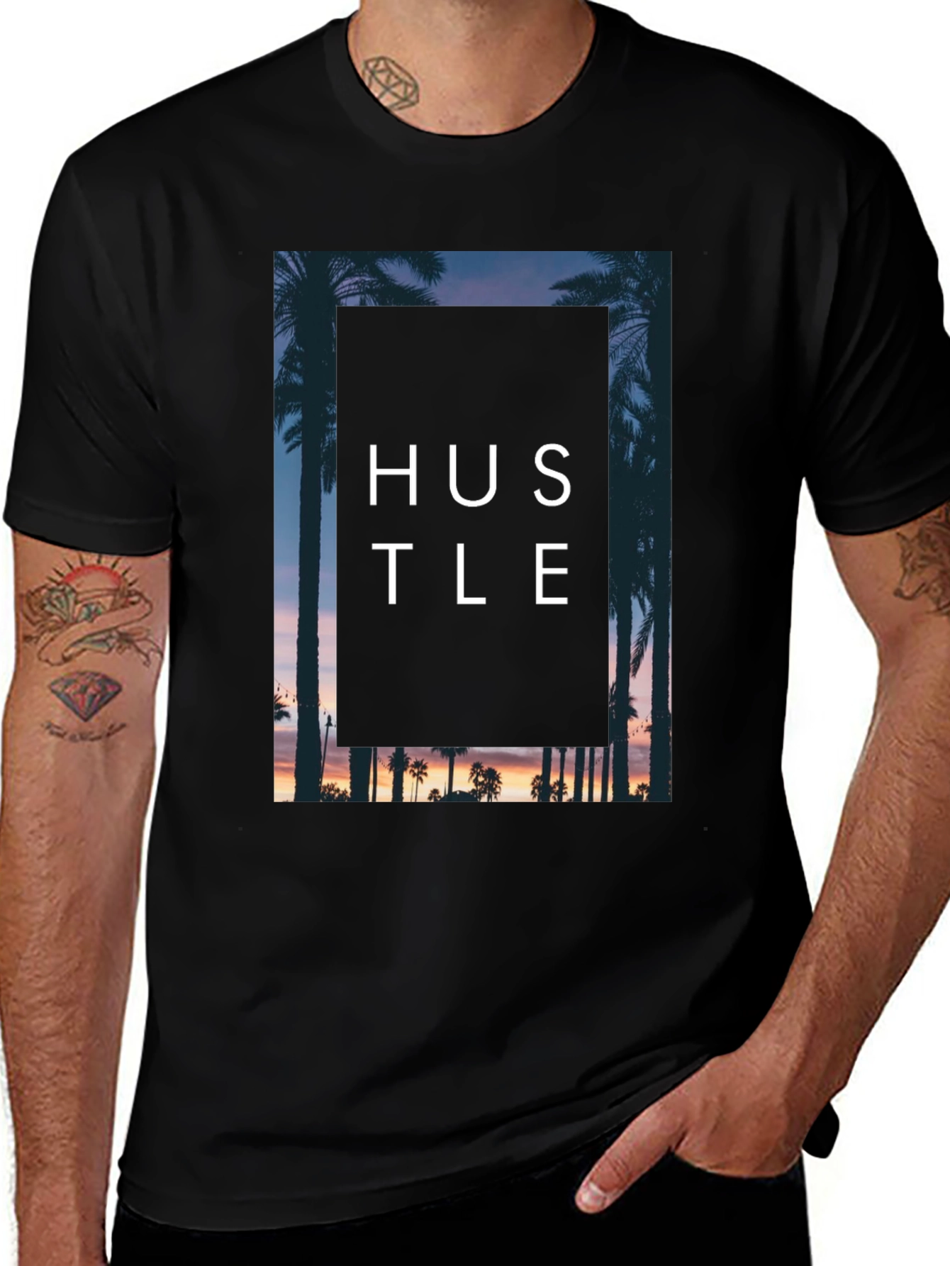Variant 14 of Hustle Palm Tree Graphic Black T-Shirt