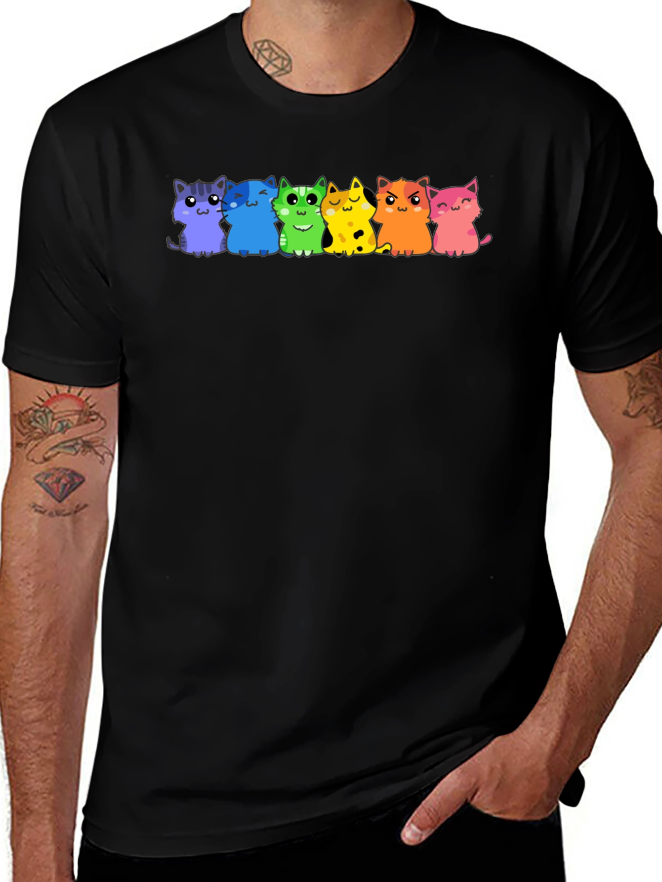 Variant 27 of Rainbow Cat T-Shirt - Men's Black Cotton Tee
