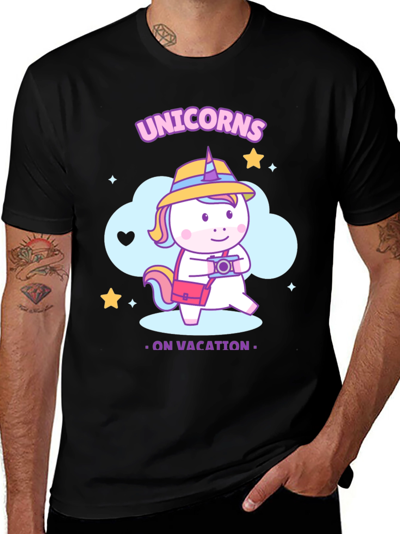 Variant 23 of Unicorns on Vacation Black T-Shirt
