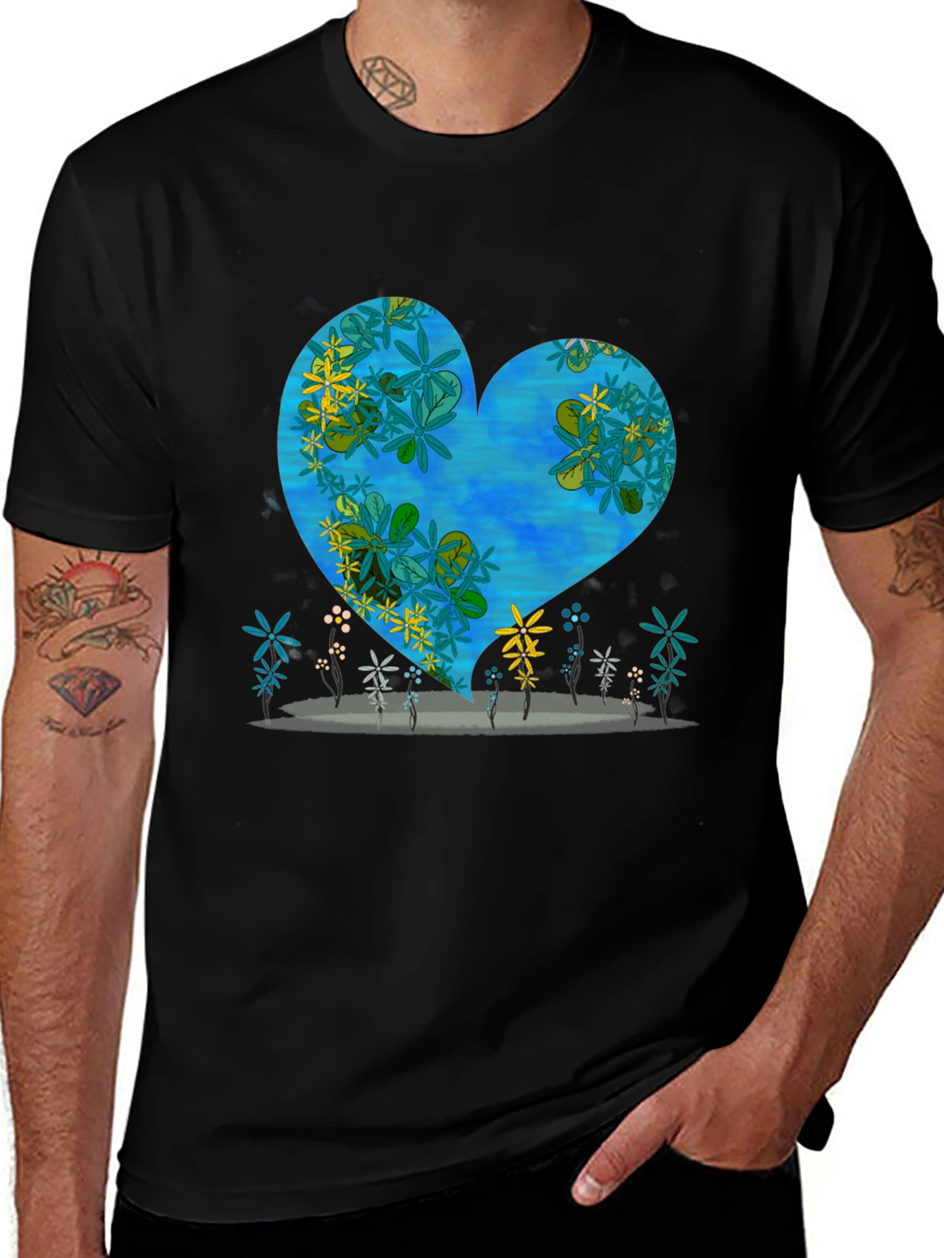 Variant 3 of Floral Heart Graphic Black T-Shirt